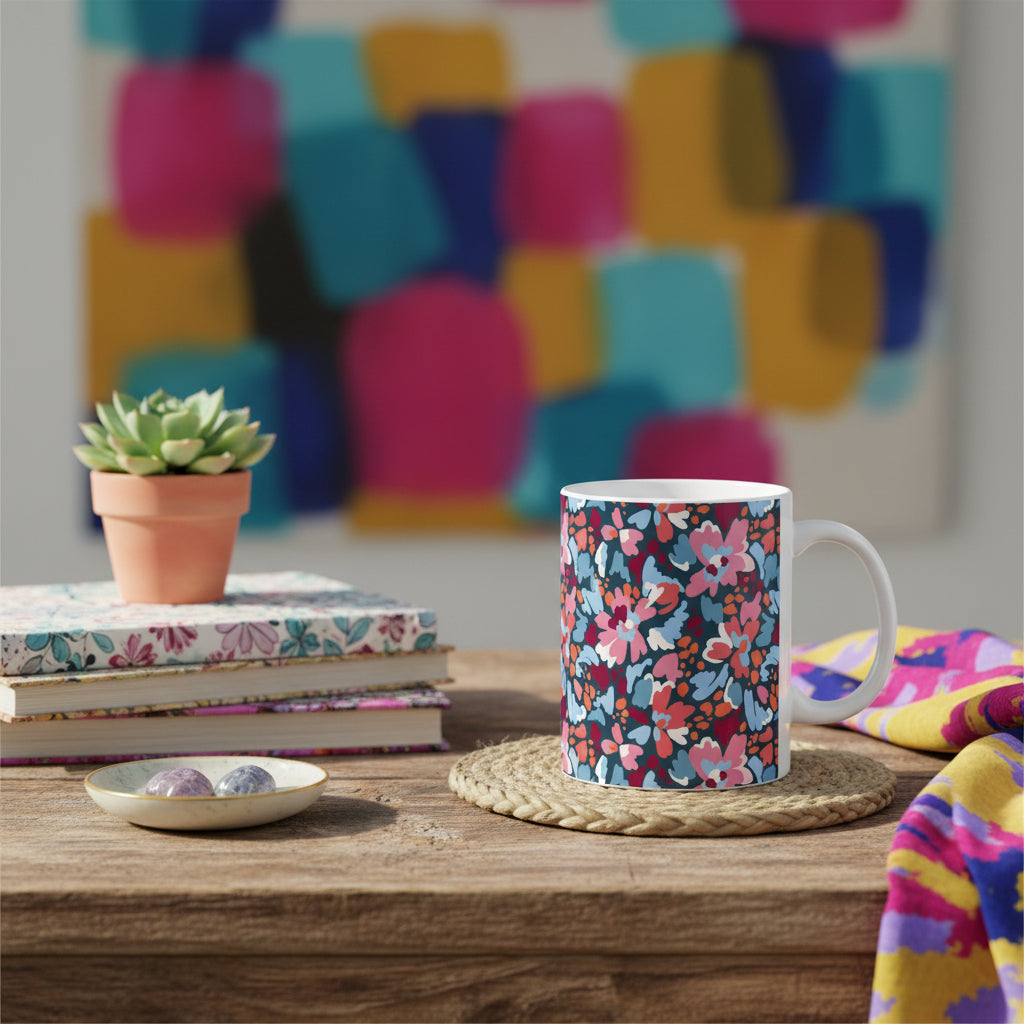 Floral Pattern Ceramic Mug — Colorful Retro Blooms Coffee Cup (11oz, 15oz)