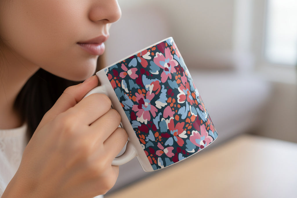 Floral Pattern Ceramic Mug — Colorful Retro Blooms Coffee Cup (11oz, 15oz)
