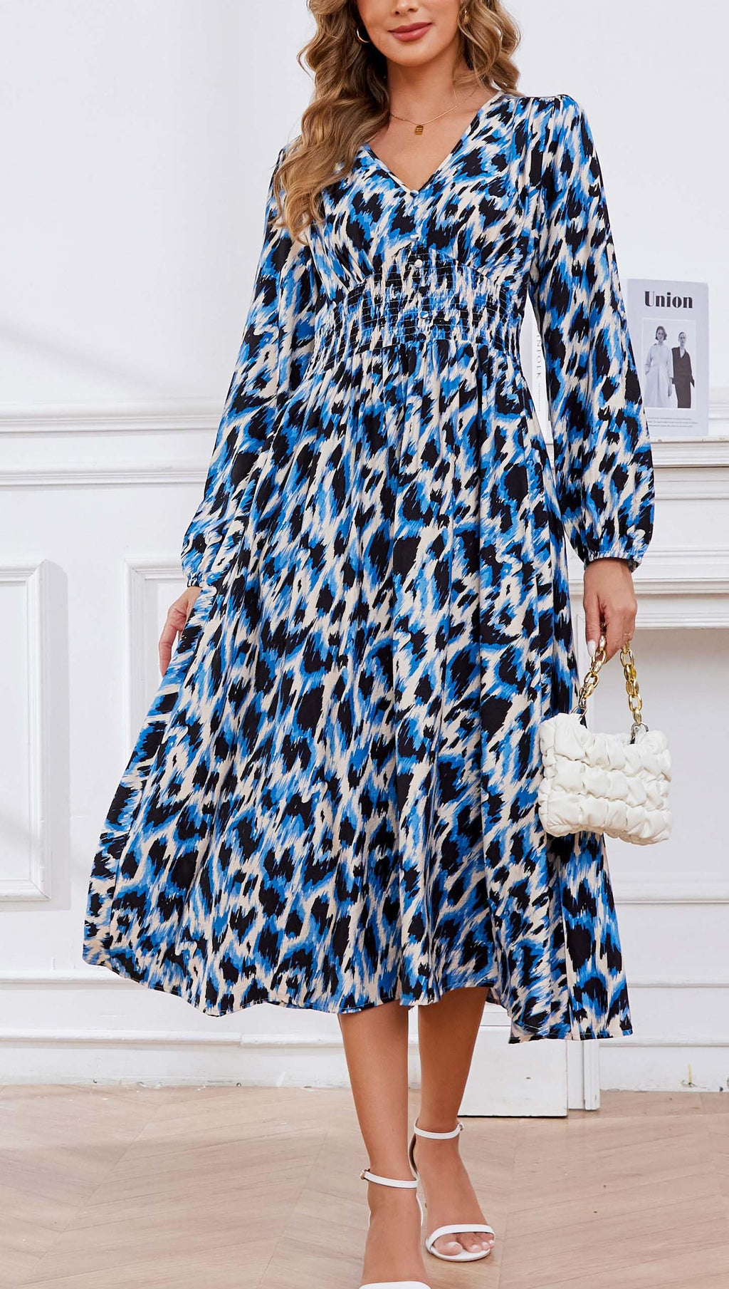 Kormei Women Casual Boho V Neck Long Sleeve Swiss Dot Smocked High Waist A Line Swing Fall Midi Long Dress