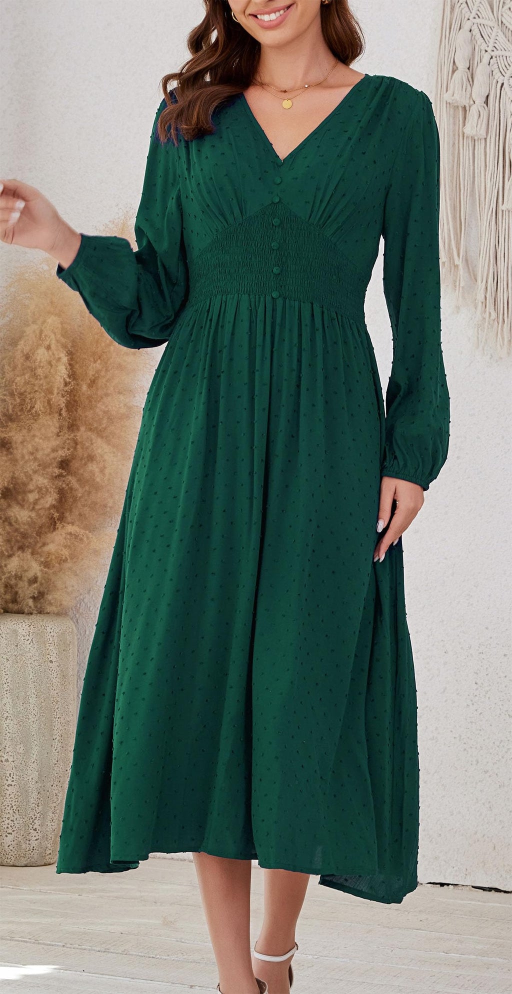 Kormei Women Casual Boho V Neck Long Sleeve Swiss Dot Smocked High Waist A Line Swing Fall Midi Long Dress