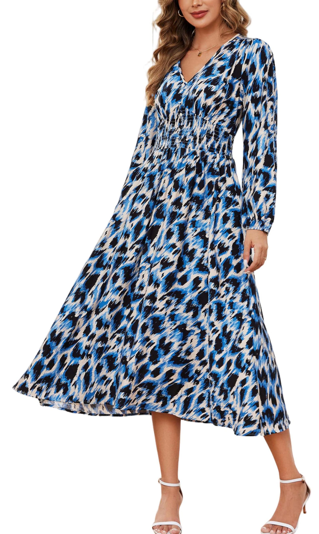 Kormei Women Casual Boho V Neck Long Sleeve Swiss Dot Smocked High Waist A Line Swing Fall Midi Long Dress