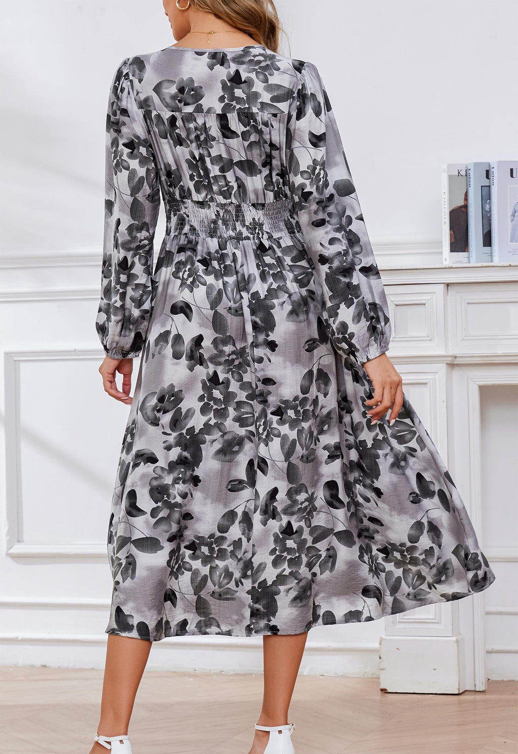 Kormei Women Casual Boho V Neck Long Sleeve Swiss Dot Smocked High Waist A Line Swing Fall Midi Long Dress