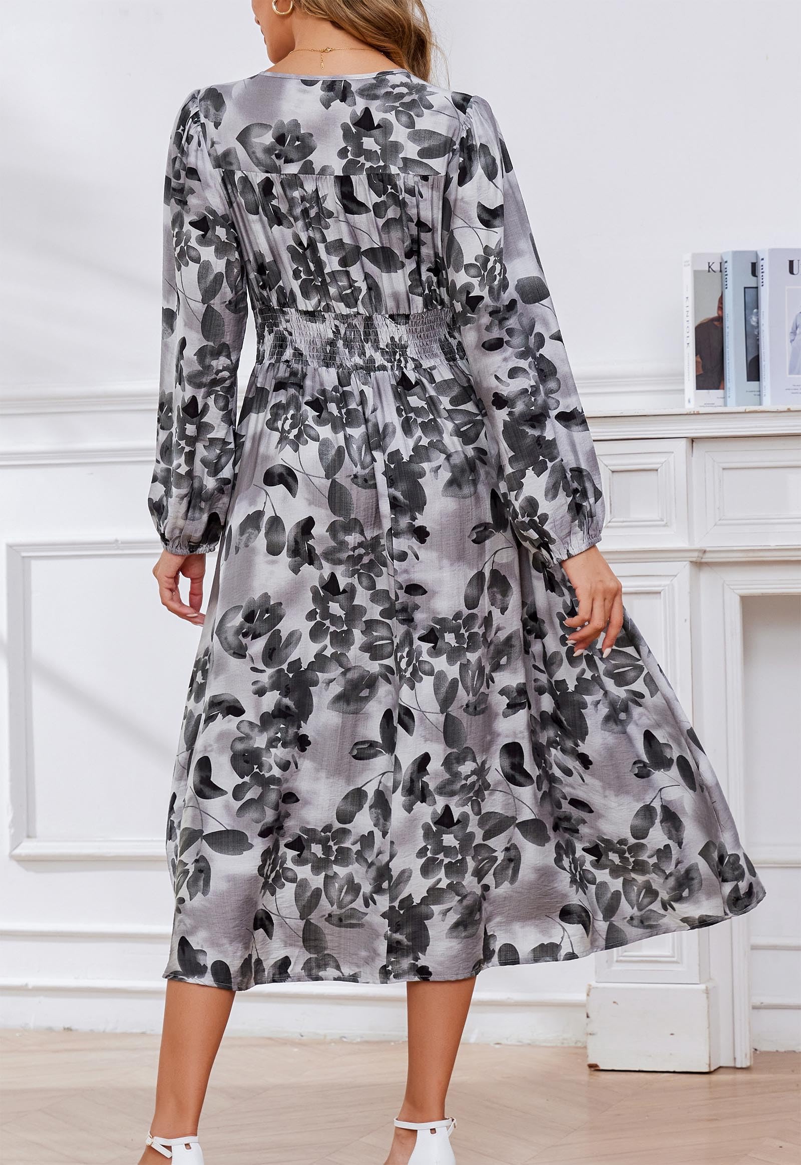 Kormei Women Casual Boho V Neck Long Sleeve Swiss Dot Smocked High Waist A Line Swing Fall Midi Long Dress