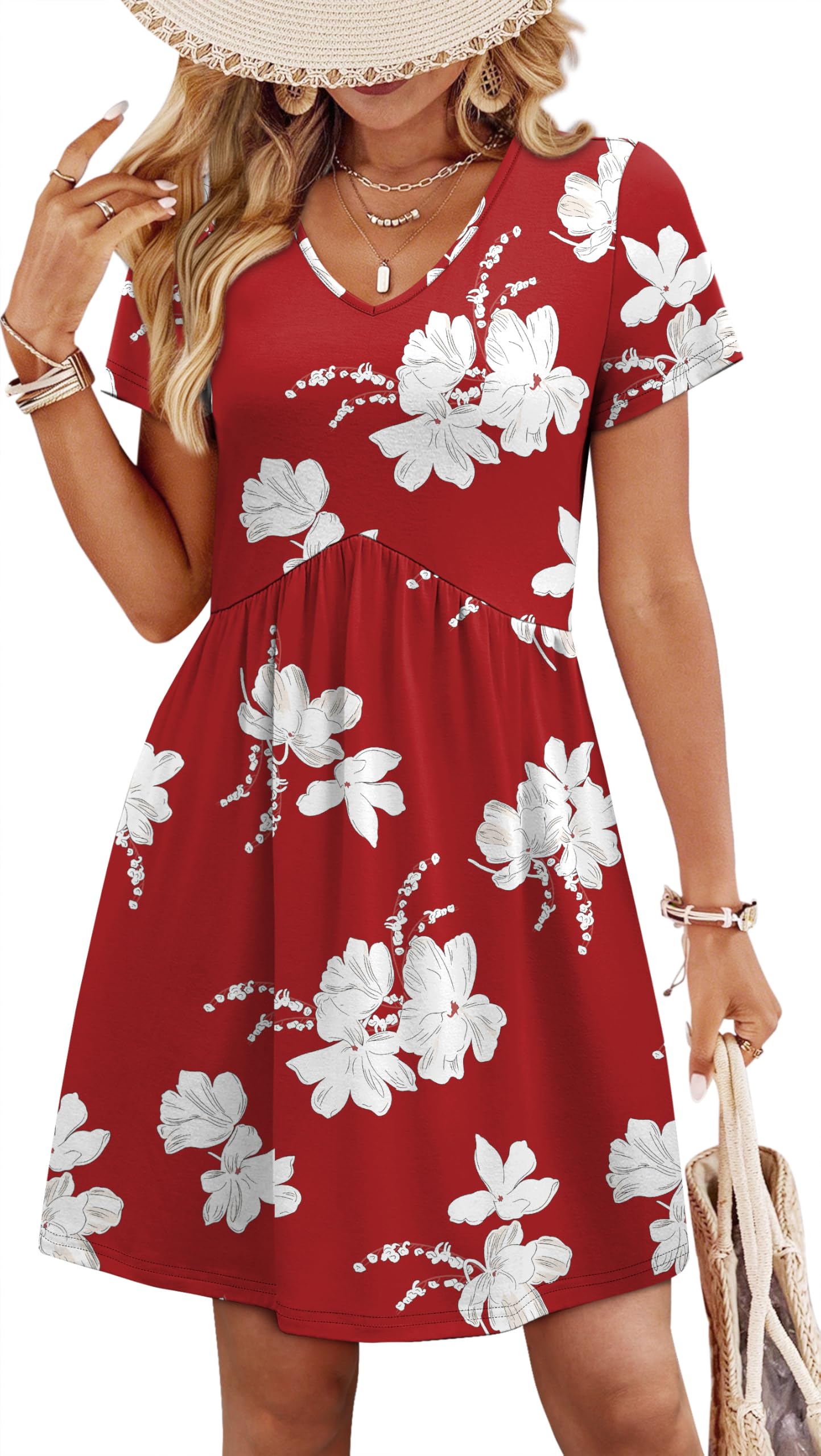 WIHOLL Dresses for Women 2026 Casual Summer V Neck Babydoll Dress Short Sleeve Fashion Beach Vacation Clothes