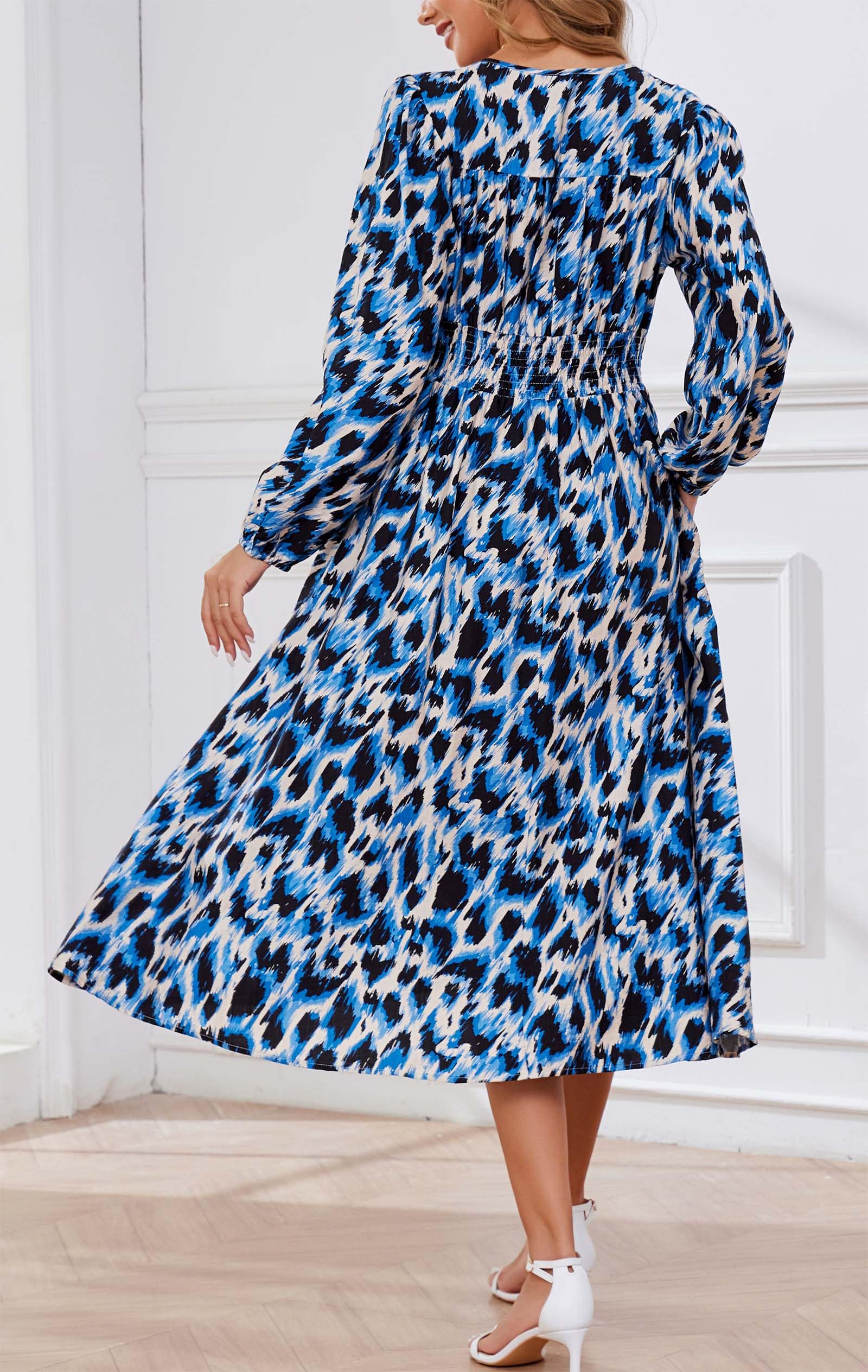 Kormei Women Casual Boho V Neck Long Sleeve Swiss Dot Smocked High Waist A Line Swing Fall Midi Long Dress