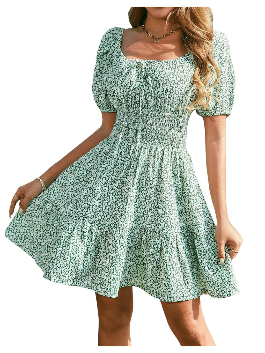 Floerns Women's Boho Square Neck Puff Short Sleeve Self Tie Front A Line Dress