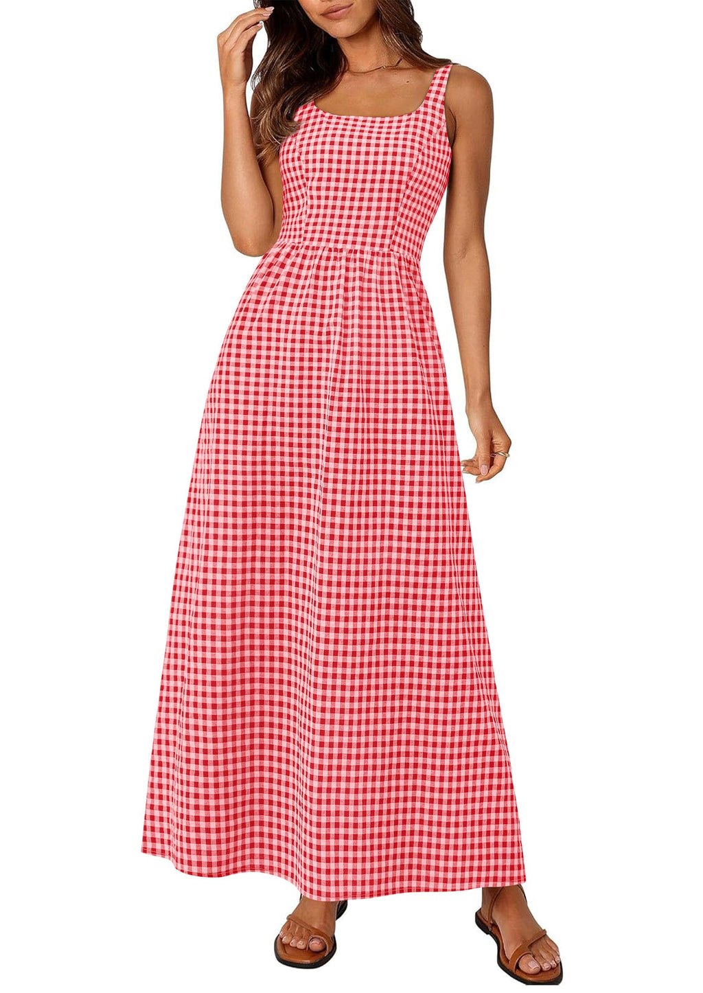 PRETTYGARDEN Women's 2026 Summer Spaghetti Strap Maxi Dresses Plaid Square Neck A Line Casual Beach Vacation Long Sundress