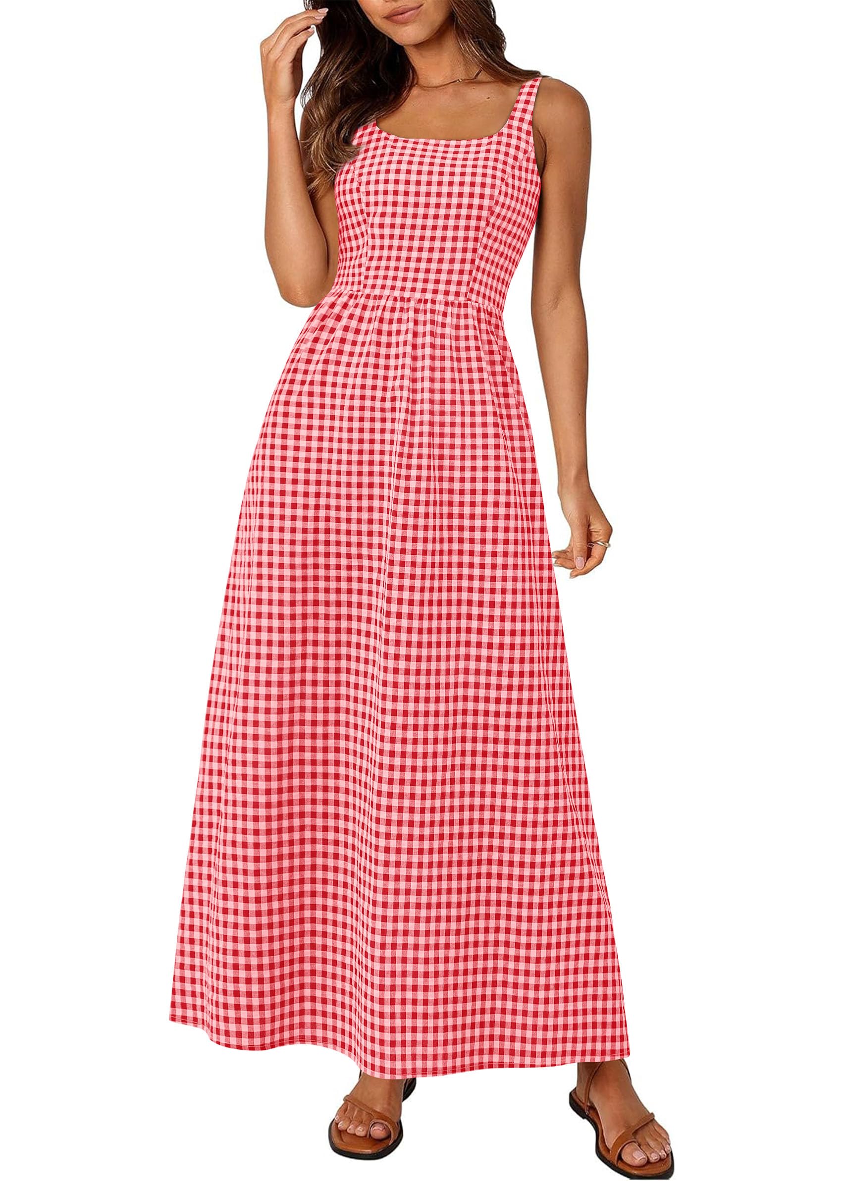PRETTYGARDEN Women's 2026 Summer Spaghetti Strap Maxi Dresses Plaid Square Neck A Line Casual Beach Vacation Long Sundress