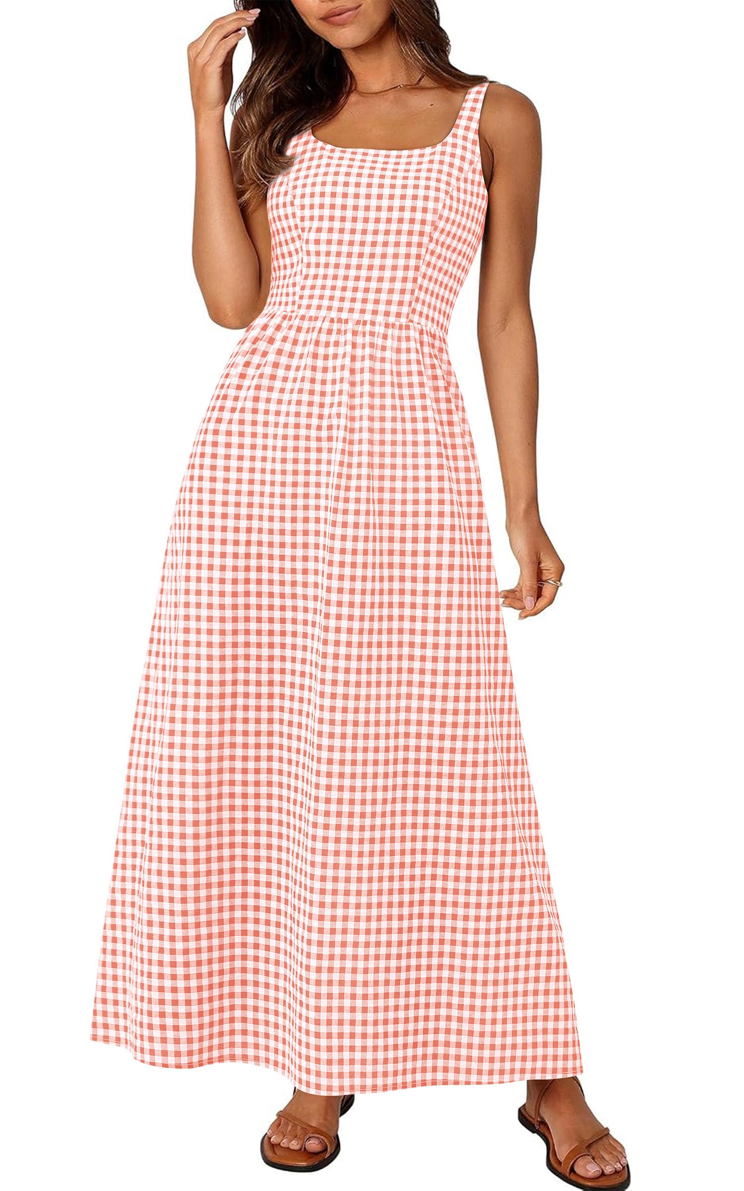 PRETTYGARDEN Women's 2026 Summer Spaghetti Strap Maxi Dresses Plaid Square Neck A Line Casual Beach Vacation Long Sundress