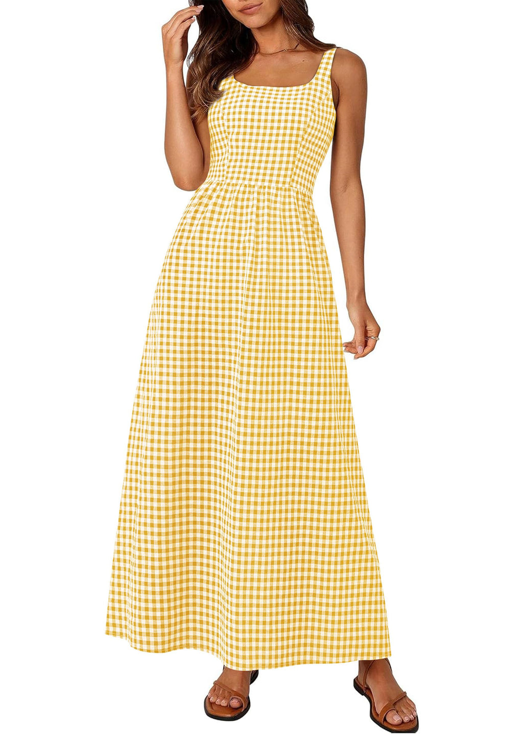 PRETTYGARDEN Women's 2026 Summer Spaghetti Strap Maxi Dresses Plaid Square Neck A Line Casual Beach Vacation Long Sundress