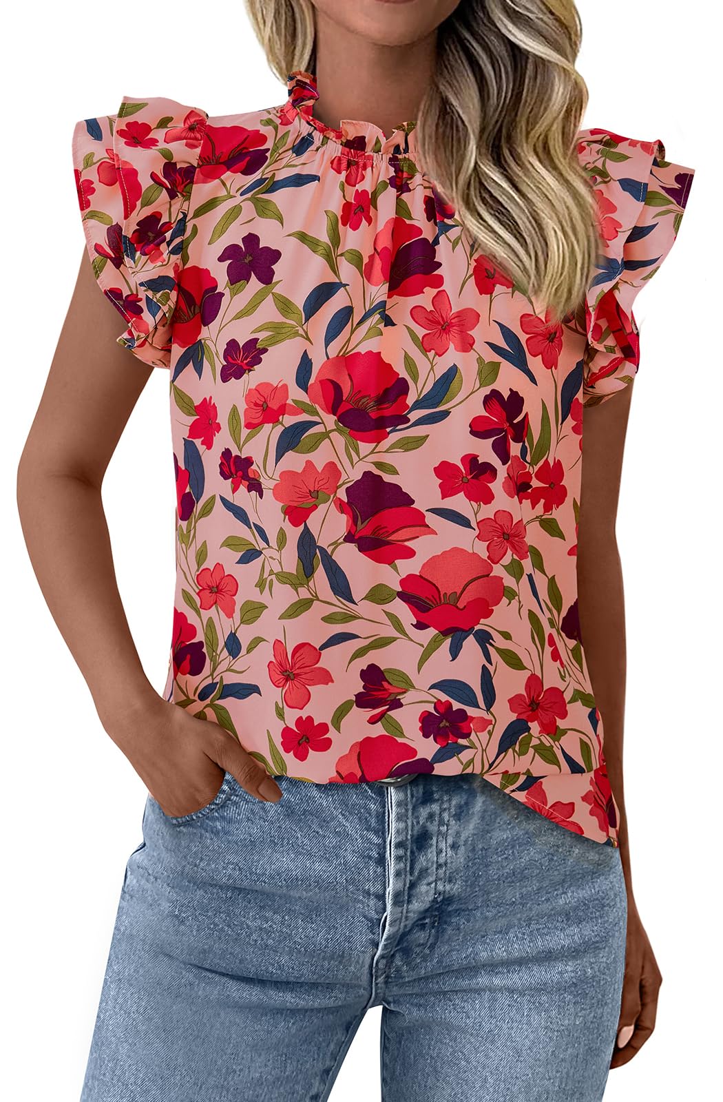 PRETTYGARDEN Women's Ruffle Short Sleeve Summer Tops 2026 Trendy Floral Trim Neck Casual Dressy Chiffon Boho Blouses Shirts