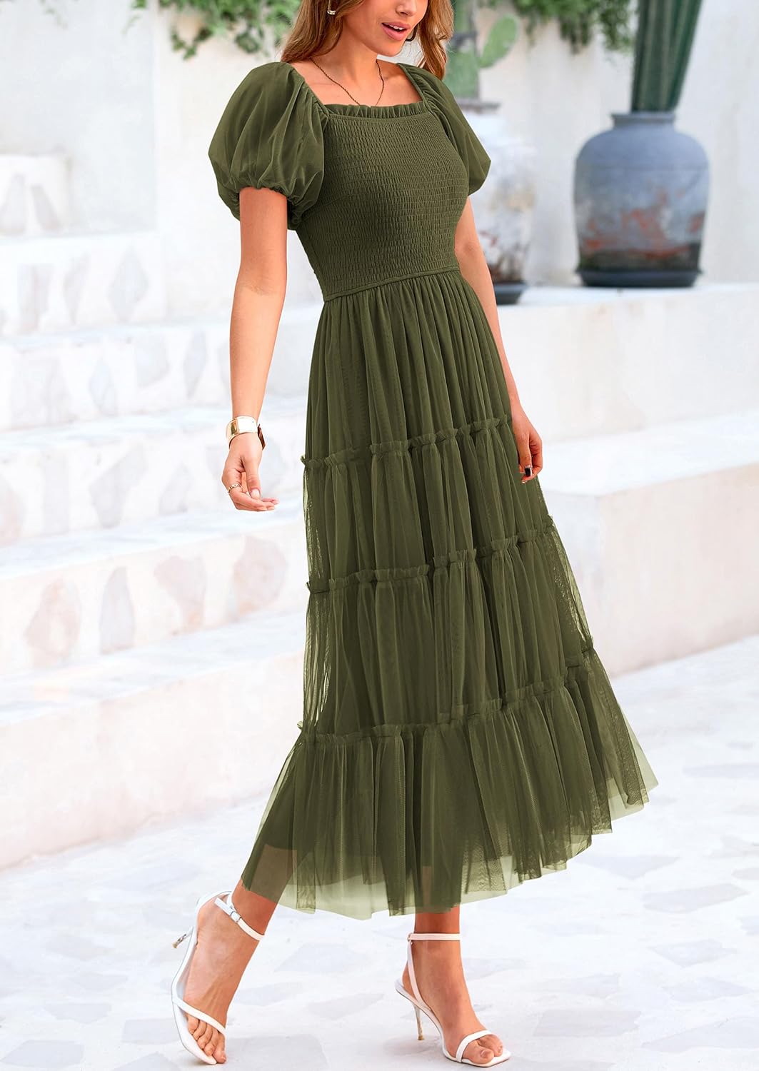 PRETTYGARDEN Women's Smocked Midi Tulle Dress 2026 Summer Puffy Short Sleeve Square Neck Ruffle Wedding Guest Party Dresses