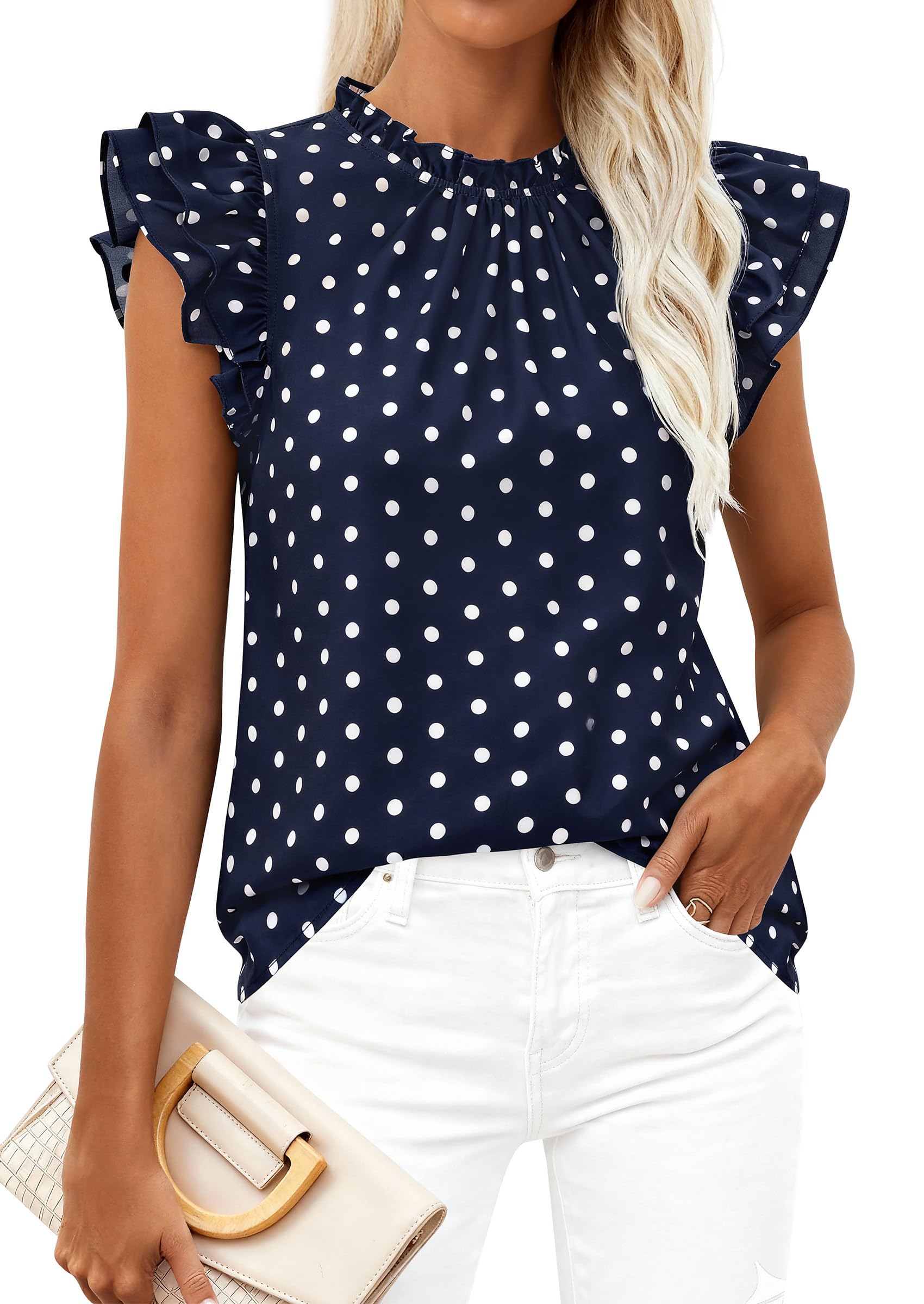 PRETTYGARDEN Women's Ruffle Short Sleeve Summer Tops 2026 Trendy Floral Trim Neck Casual Dressy Chiffon Boho Blouses Shirts