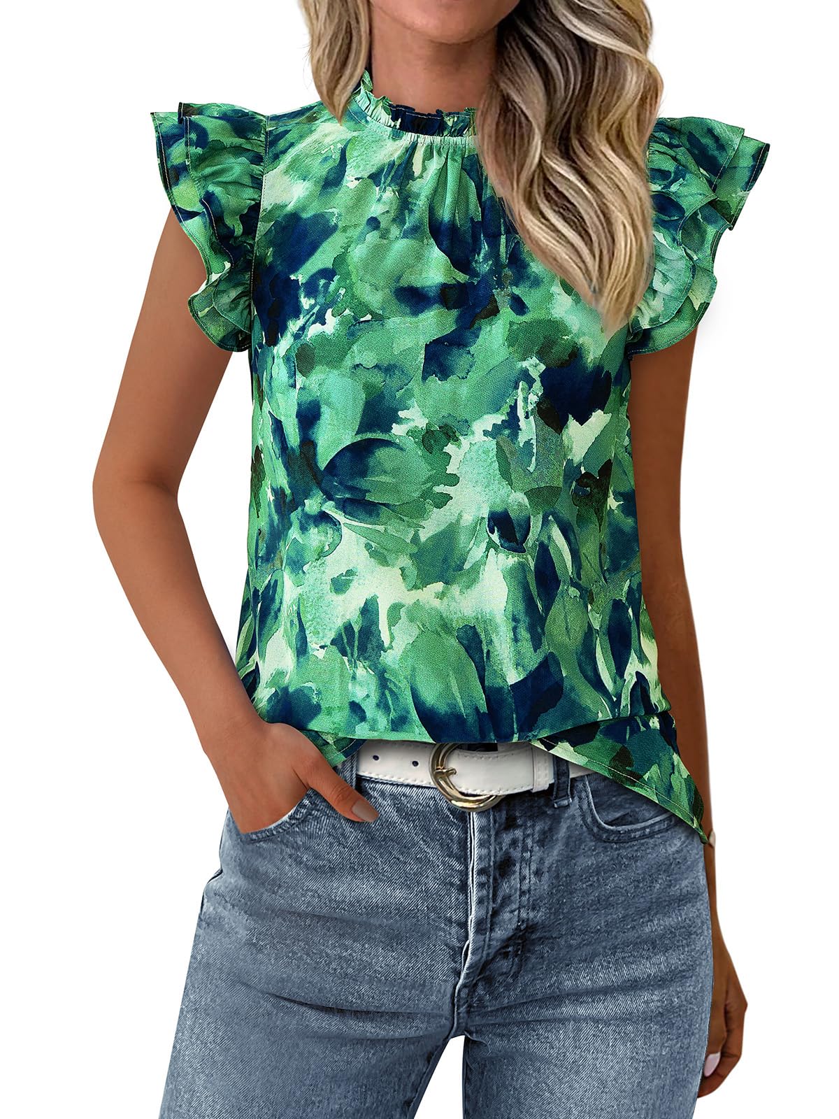 PRETTYGARDEN Women's Ruffle Short Sleeve Summer Tops 2026 Trendy Floral Trim Neck Casual Dressy Chiffon Boho Blouses Shirts