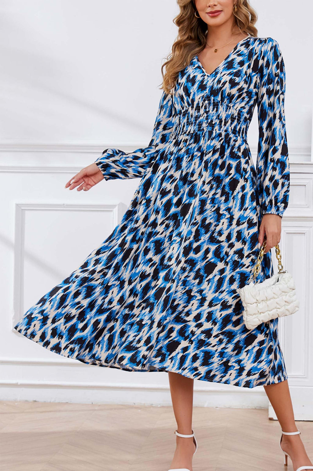 Kormei Women Casual Boho V Neck Long Sleeve Swiss Dot Smocked High Waist A Line Swing Fall Midi Long Dress