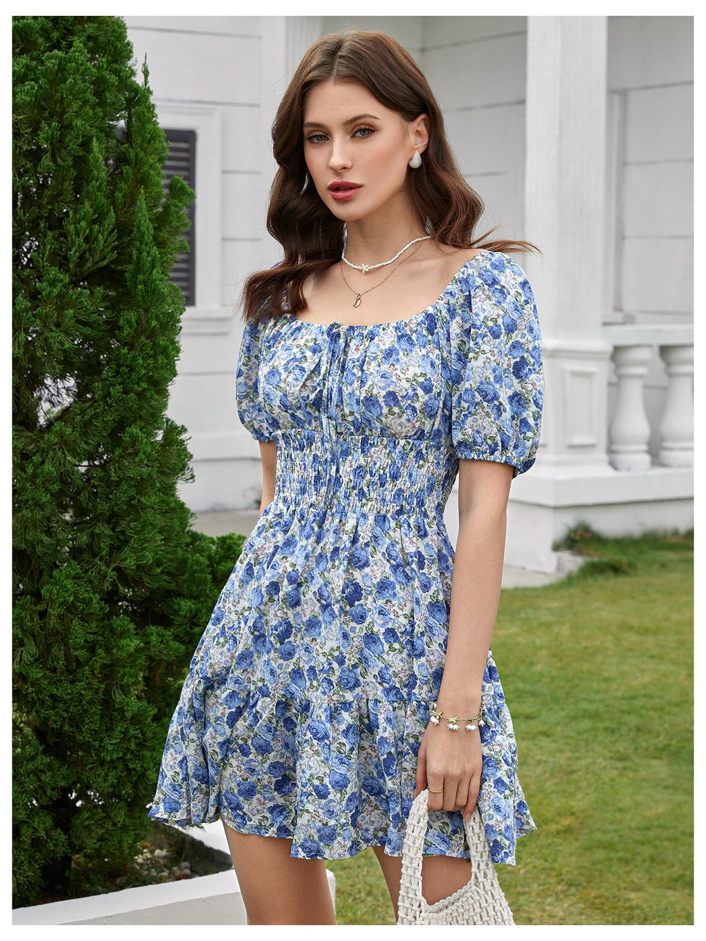 Floerns Women's Boho Square Neck Puff Short Sleeve Self Tie Front A Line Dress