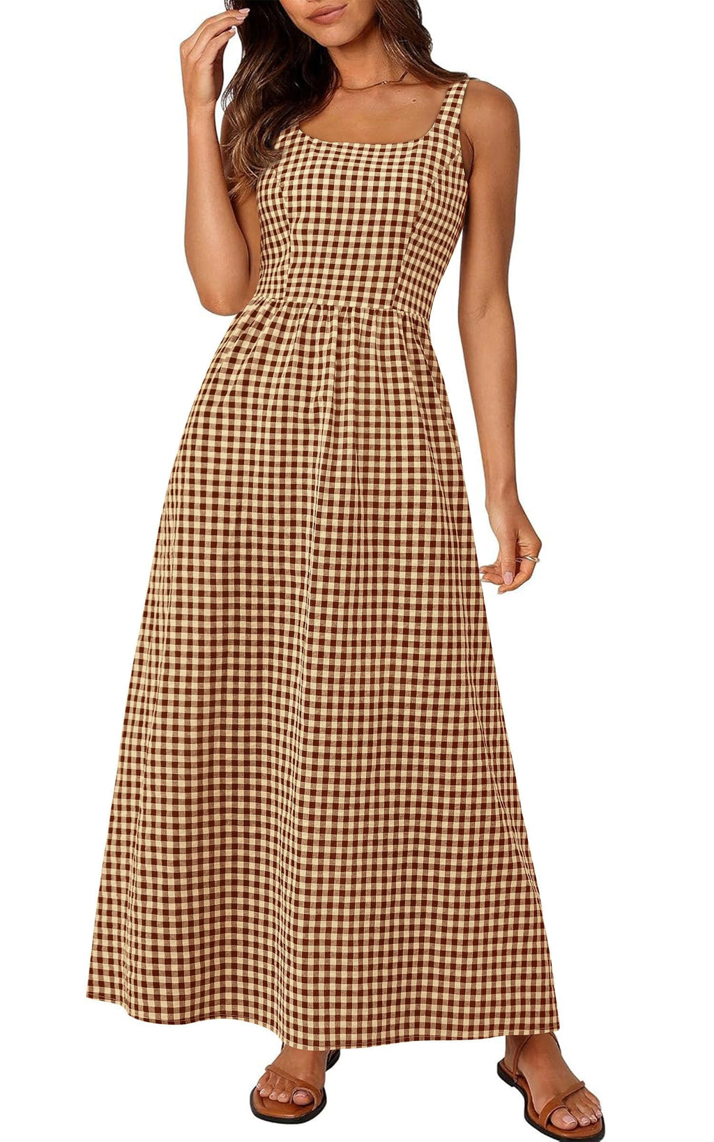 PRETTYGARDEN Women's 2026 Summer Spaghetti Strap Maxi Dresses Plaid Square Neck A Line Casual Beach Vacation Long Sundress