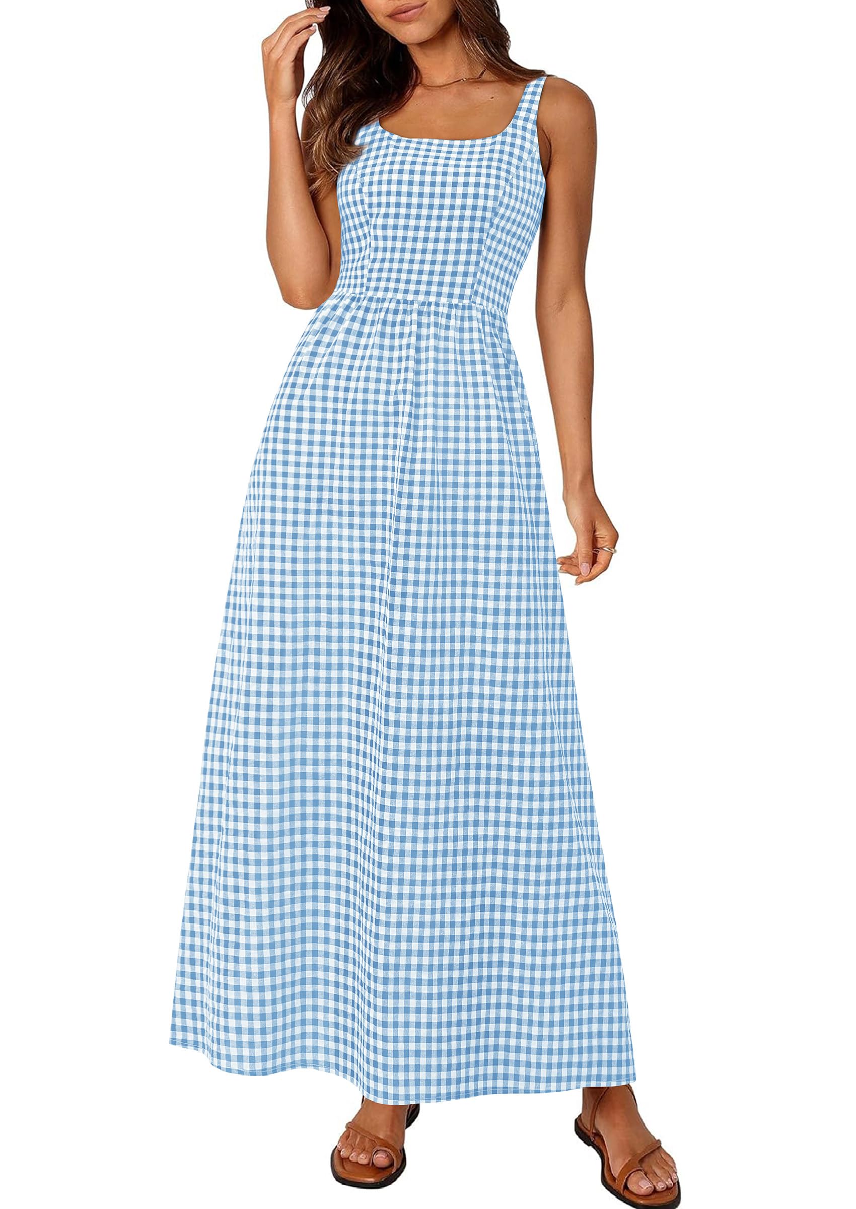 PRETTYGARDEN Women's 2026 Summer Spaghetti Strap Maxi Dresses Plaid Square Neck A Line Casual Beach Vacation Long Sundress