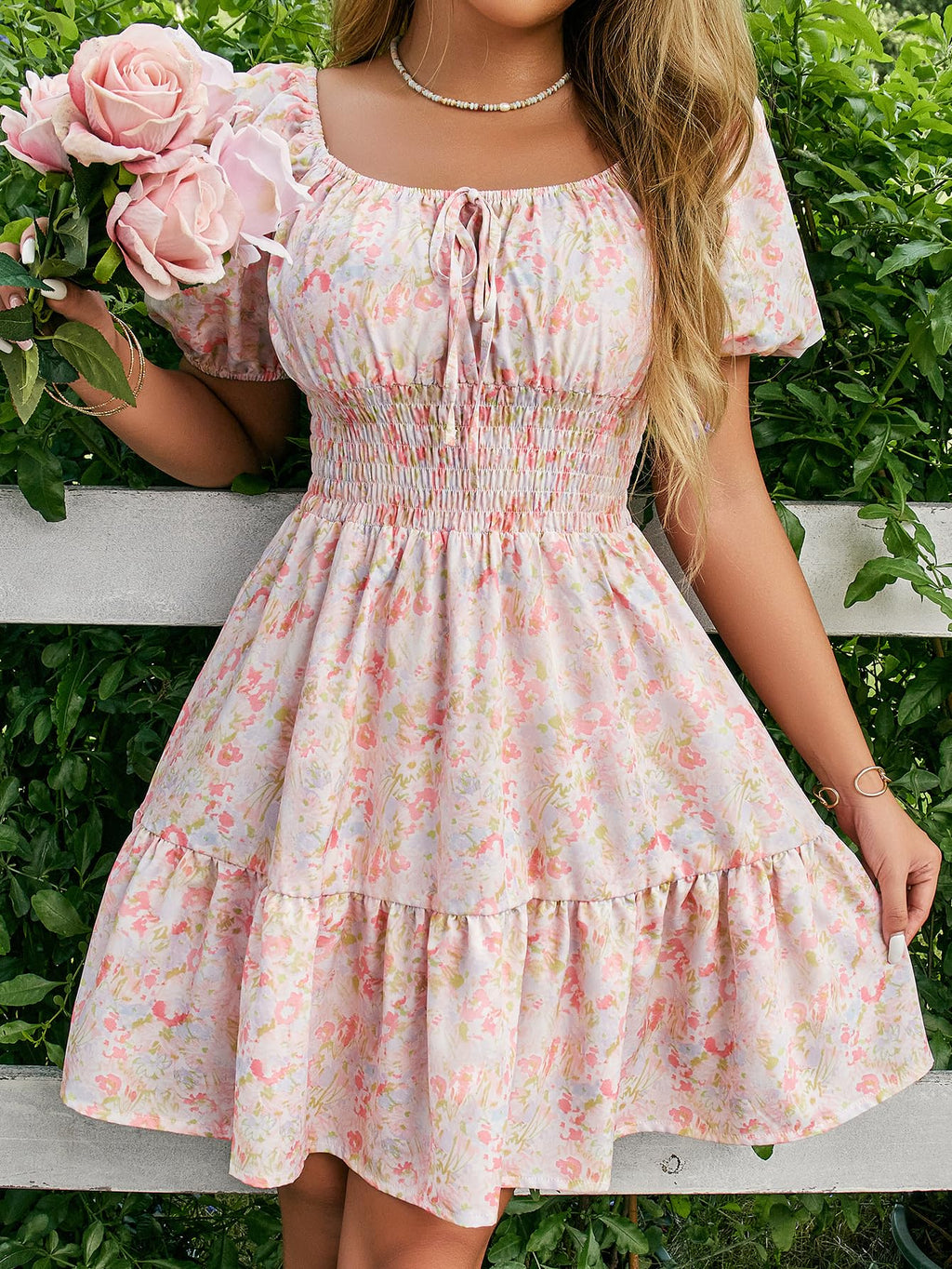 Floerns Women's Boho Square Neck Puff Short Sleeve Self Tie Front A Line Dress