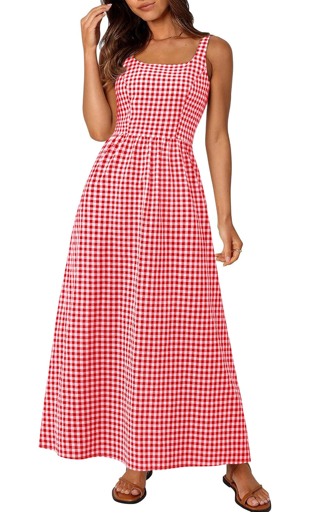 PRETTYGARDEN Women's 2026 Summer Spaghetti Strap Maxi Dresses Plaid Square Neck A Line Casual Beach Vacation Long Sundress