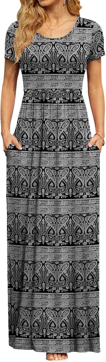 DB MOON Womens 2026 Summer Maxi Dresses Casual Short Sleeve Empire Waist Spring Long Dress with Pockets