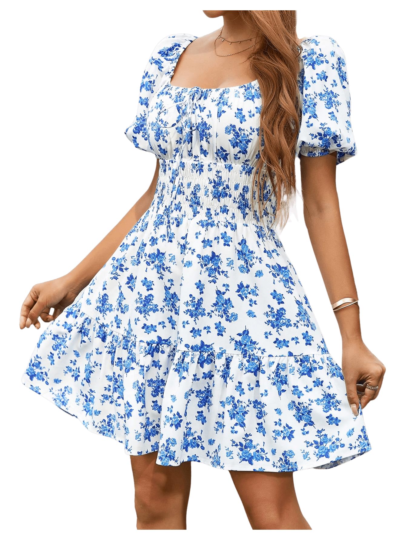 Floerns Women's Boho Square Neck Puff Short Sleeve Self Tie Front A Line Dress