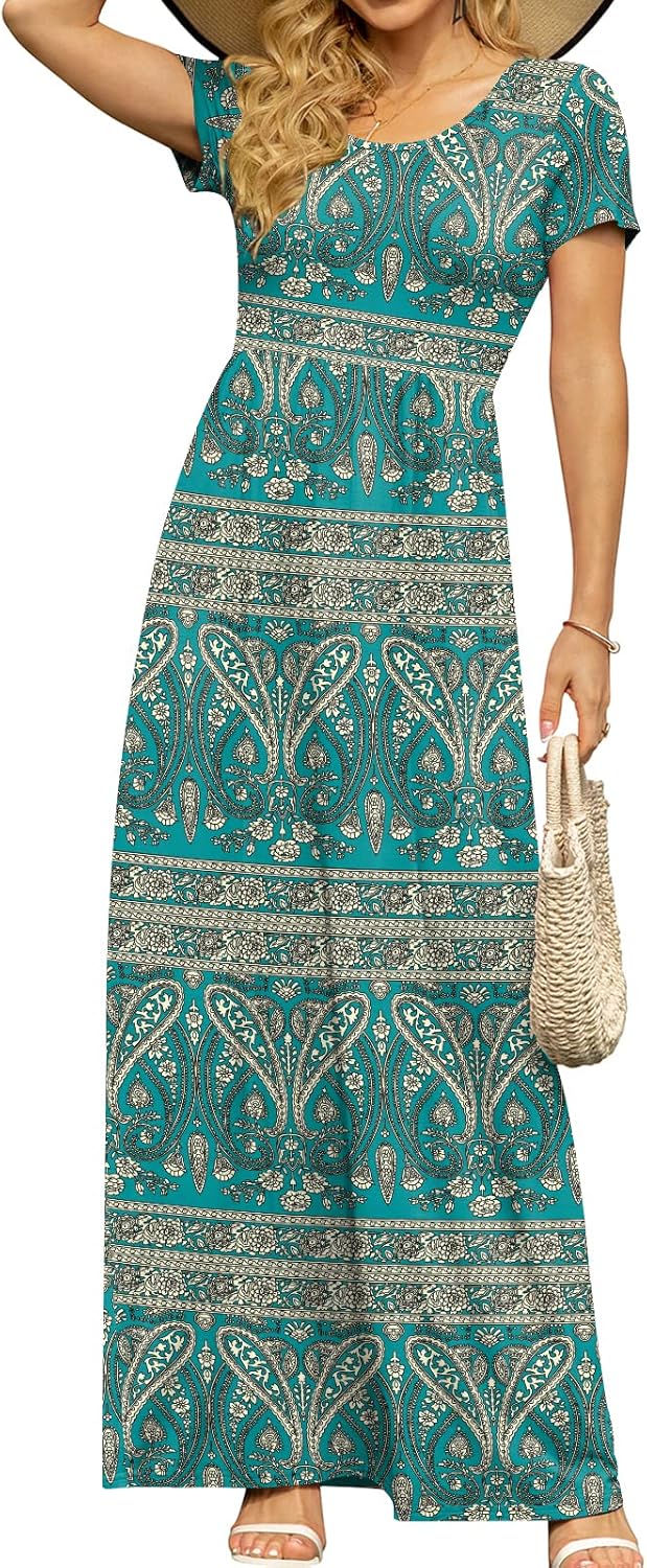 DB MOON Womens 2026 Summer Maxi Dresses Casual Short Sleeve Empire Waist Spring Long Dress with Pockets