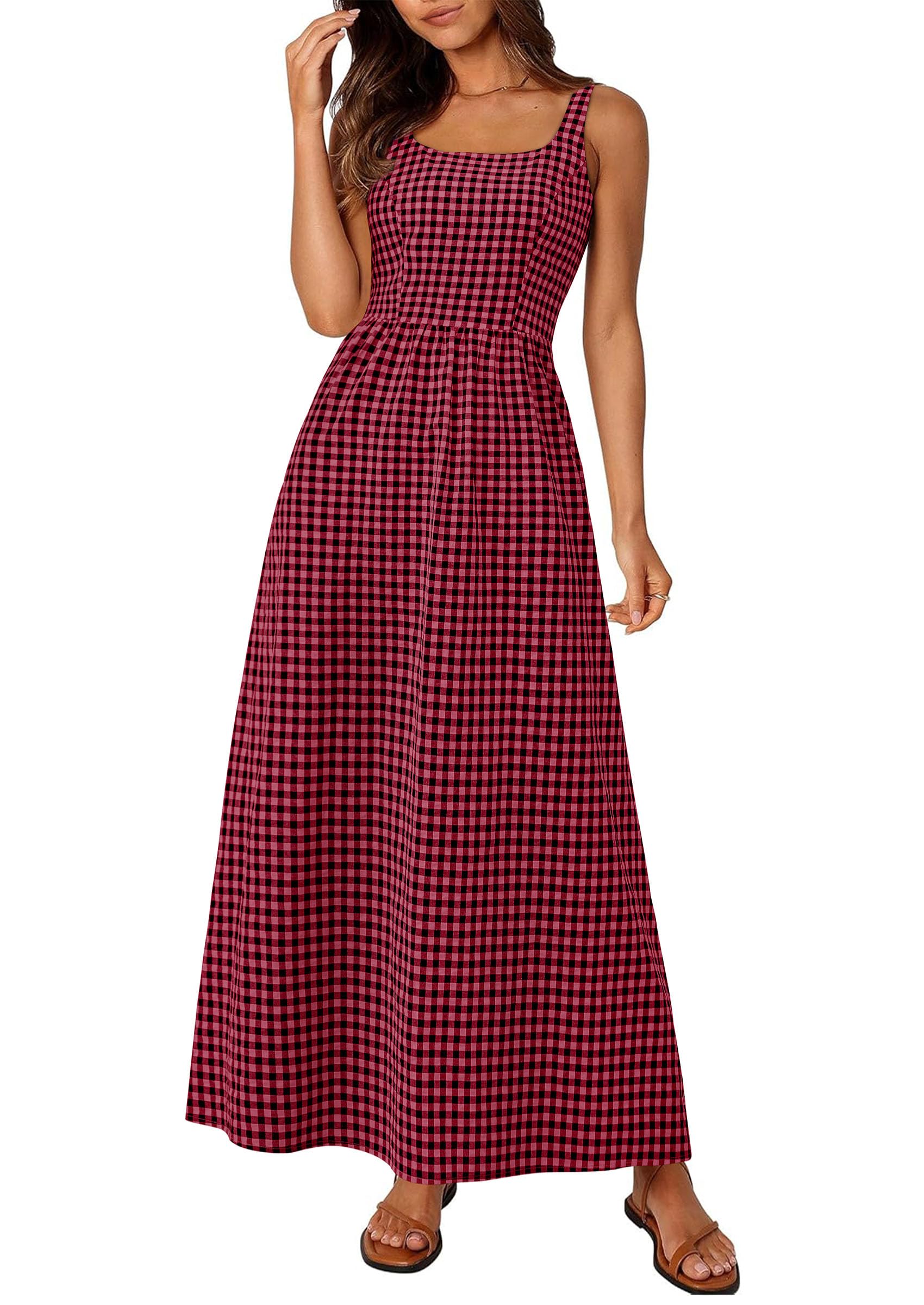 PRETTYGARDEN Women's 2026 Summer Spaghetti Strap Maxi Dresses Plaid Square Neck A Line Casual Beach Vacation Long Sundress