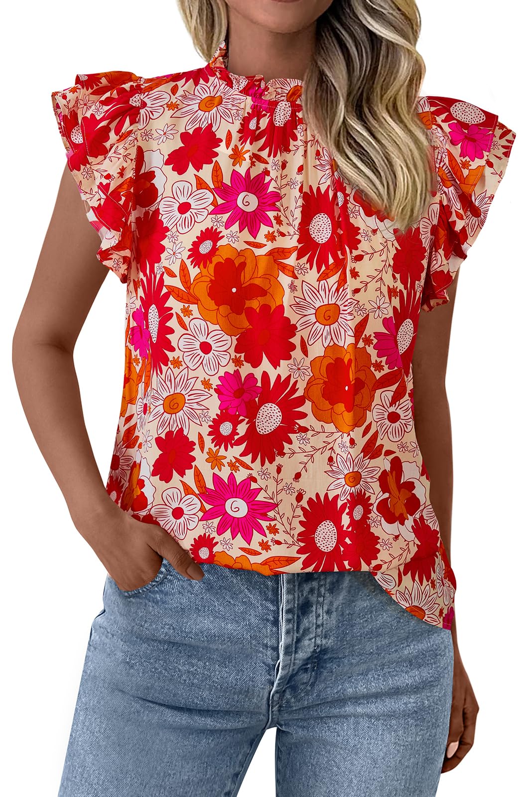 PRETTYGARDEN Women's Ruffle Short Sleeve Summer Tops 2026 Trendy Floral Trim Neck Casual Dressy Chiffon Boho Blouses Shirts