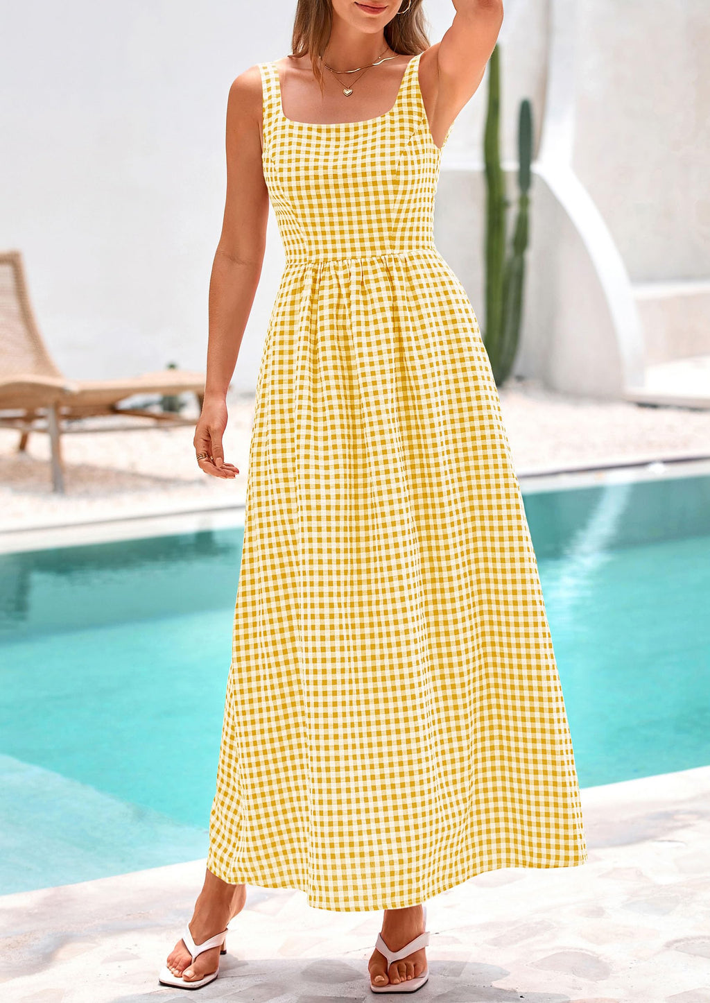 PRETTYGARDEN Women's 2026 Summer Spaghetti Strap Maxi Dresses Plaid Square Neck A Line Casual Beach Vacation Long Sundress