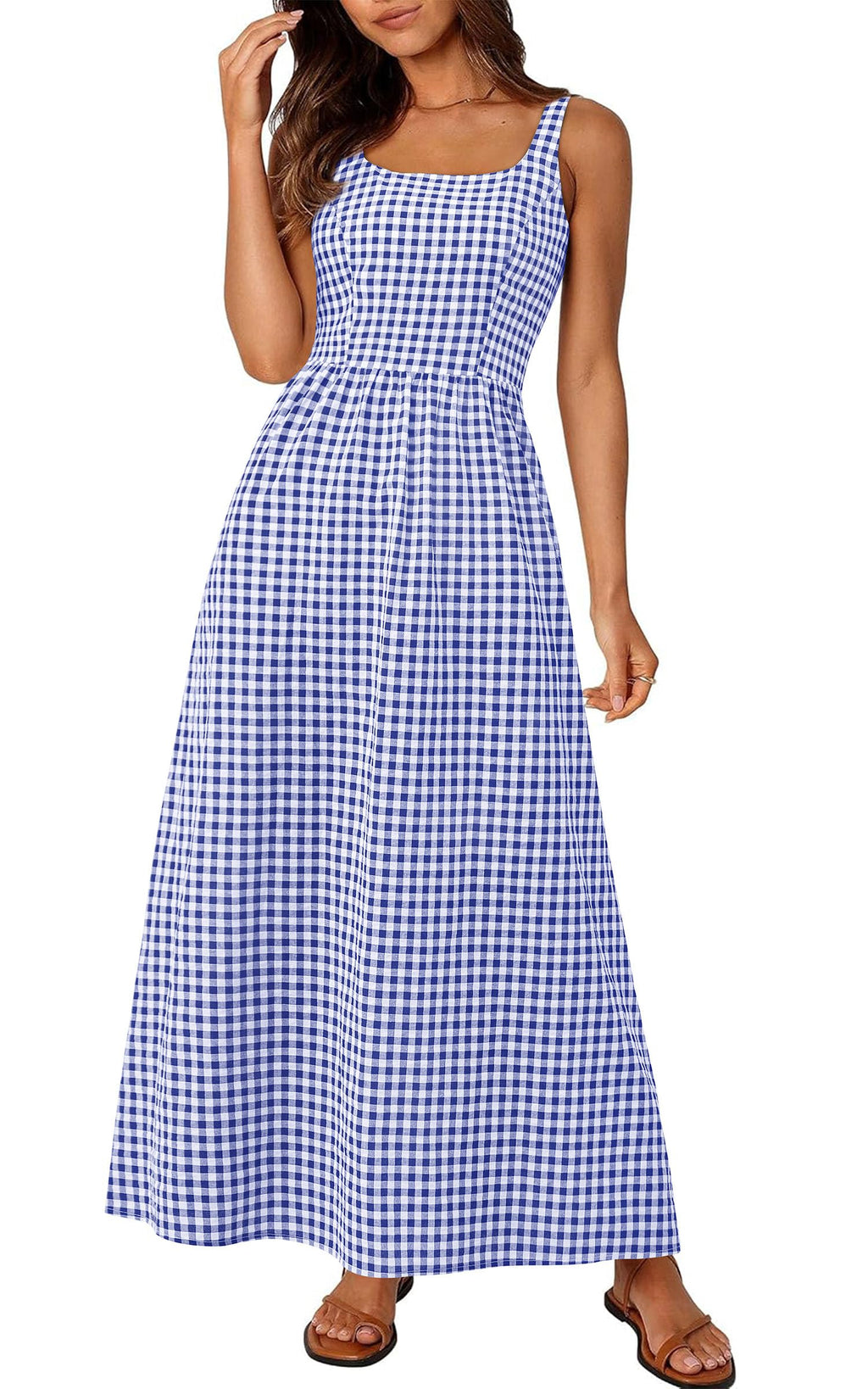 PRETTYGARDEN Women's 2026 Summer Spaghetti Strap Maxi Dresses Plaid Square Neck A Line Casual Beach Vacation Long Sundress