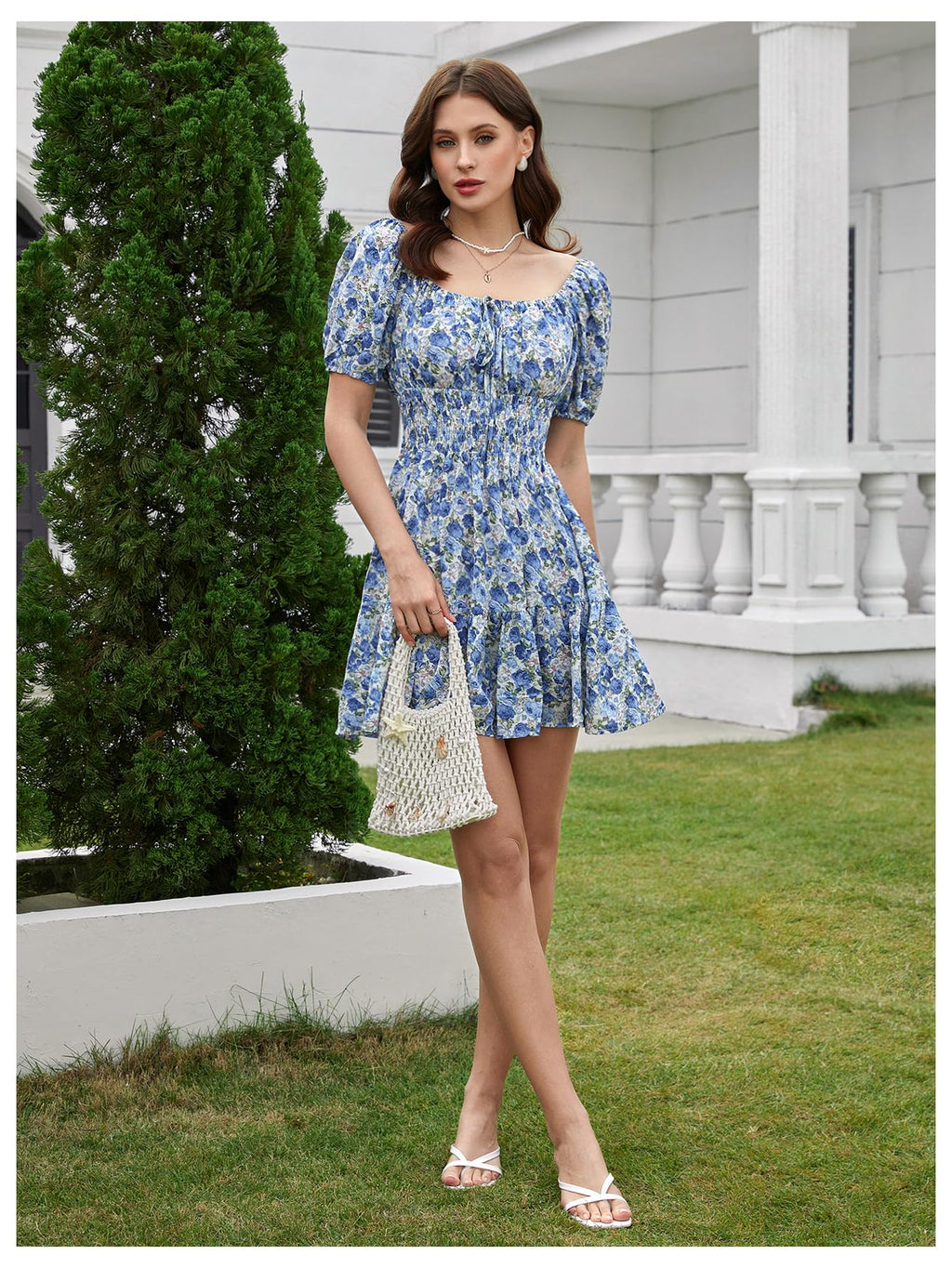 Floerns Women's Boho Square Neck Puff Short Sleeve Self Tie Front A Line Dress