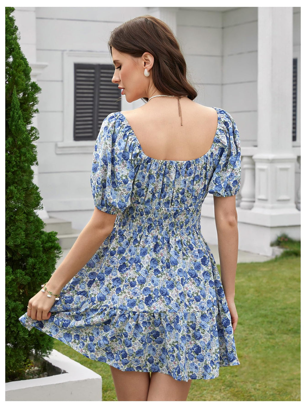 Floerns Women's Boho Square Neck Puff Short Sleeve Self Tie Front A Line Dress