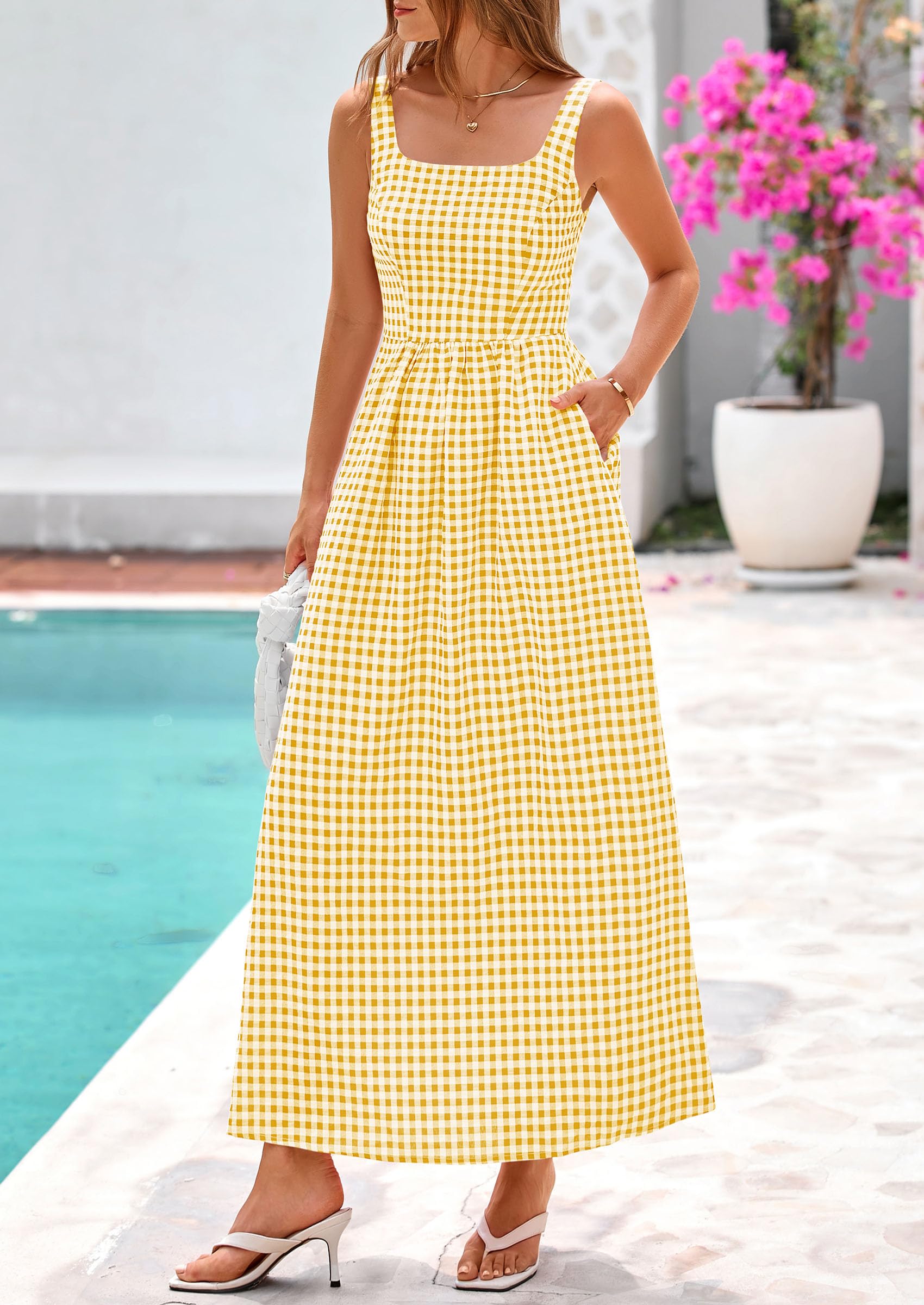 PRETTYGARDEN Women's 2026 Summer Spaghetti Strap Maxi Dresses Plaid Square Neck A Line Casual Beach Vacation Long Sundress