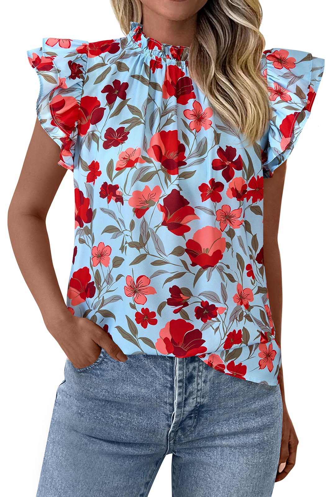 PRETTYGARDEN Women's Ruffle Short Sleeve Summer Tops 2026 Trendy Floral Trim Neck Casual Dressy Chiffon Boho Blouses Shirts
