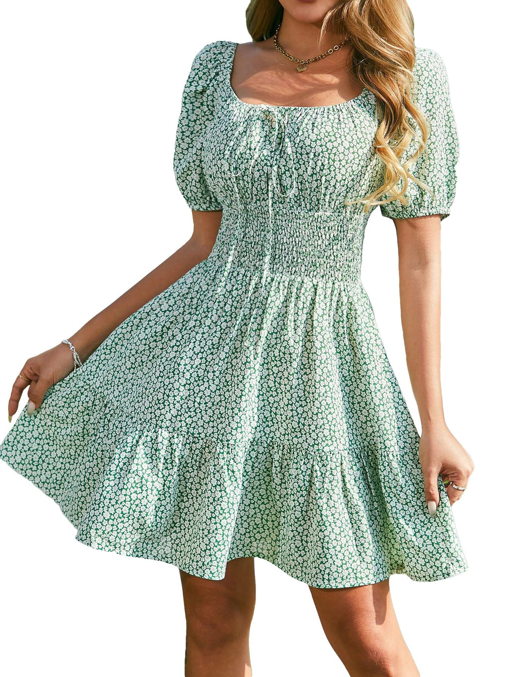 Floerns Women's Boho Square Neck Puff Short Sleeve Self Tie Front A Line Dress