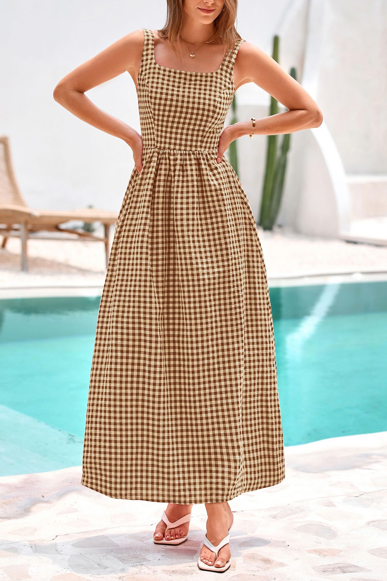 PRETTYGARDEN Women's 2026 Summer Spaghetti Strap Maxi Dresses Plaid Square Neck A Line Casual Beach Vacation Long Sundress