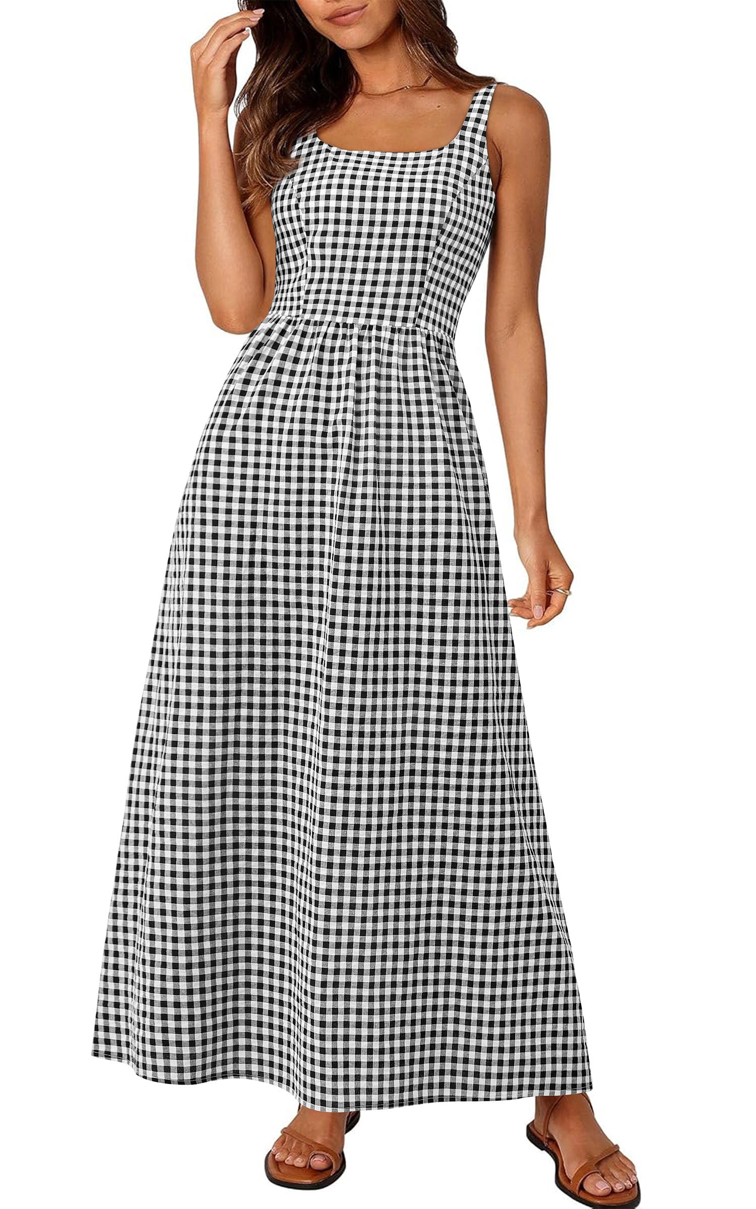 PRETTYGARDEN Women's 2026 Summer Spaghetti Strap Maxi Dresses Plaid Square Neck A Line Casual Beach Vacation Long Sundress