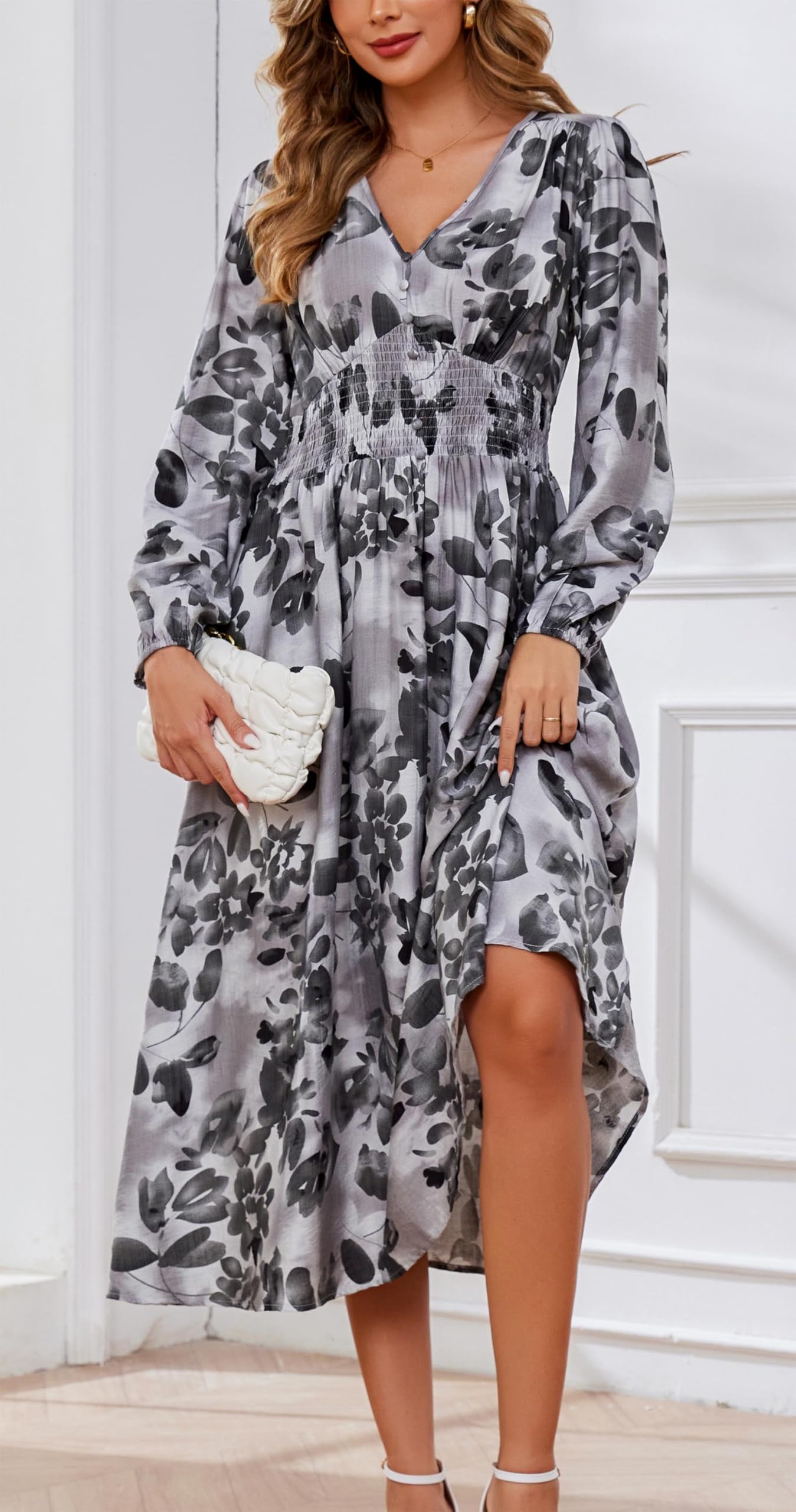 Kormei Women Casual Boho V Neck Long Sleeve Swiss Dot Smocked High Waist A Line Swing Fall Midi Long Dress