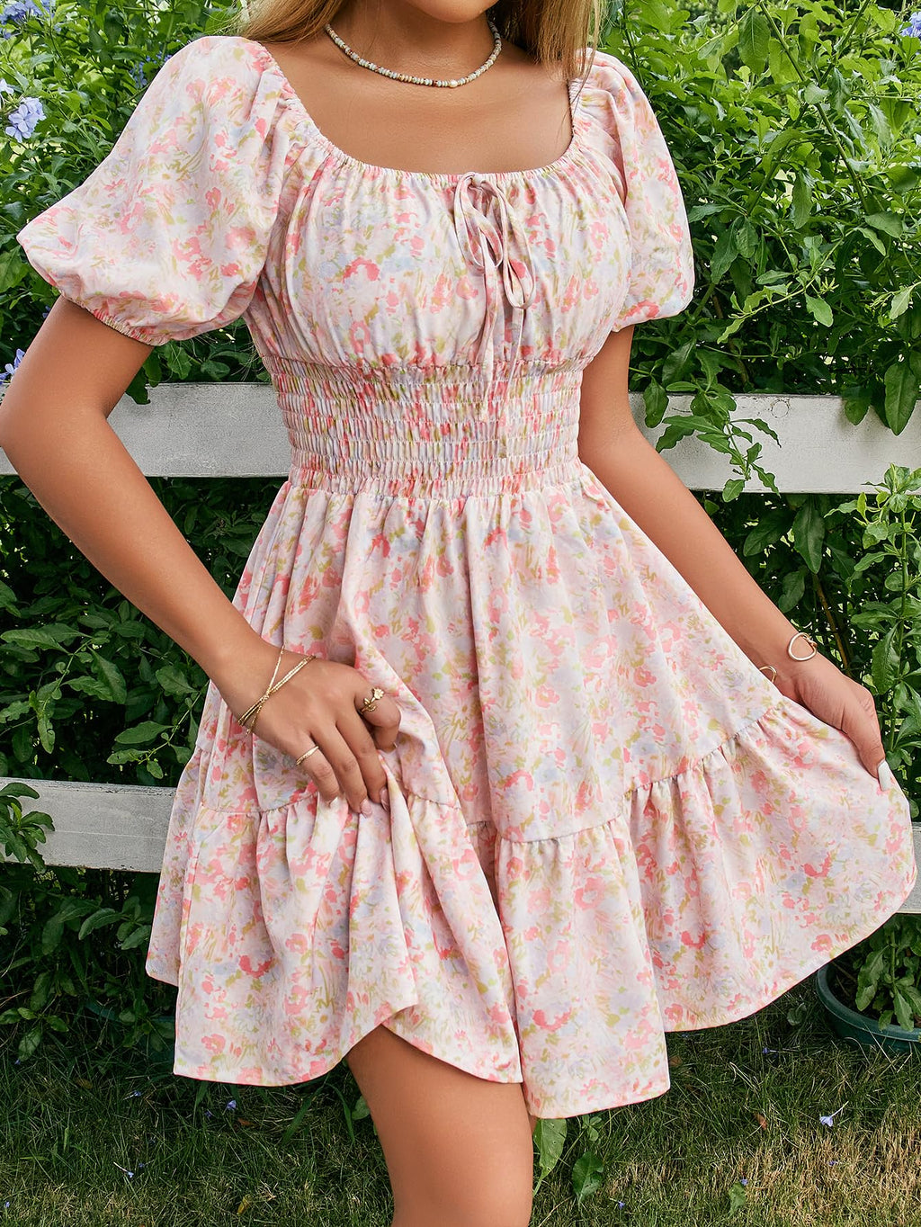 Floerns Women's Boho Square Neck Puff Short Sleeve Self Tie Front A Line Dress