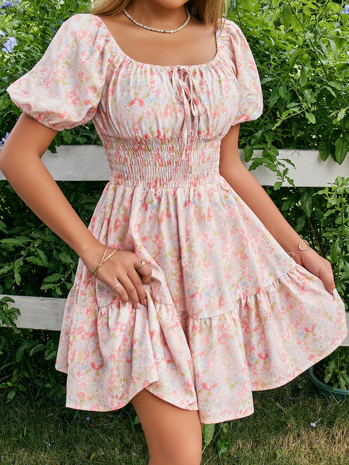 Floerns Women's Boho Square Neck Puff Short Sleeve Self Tie Front A Line Dress