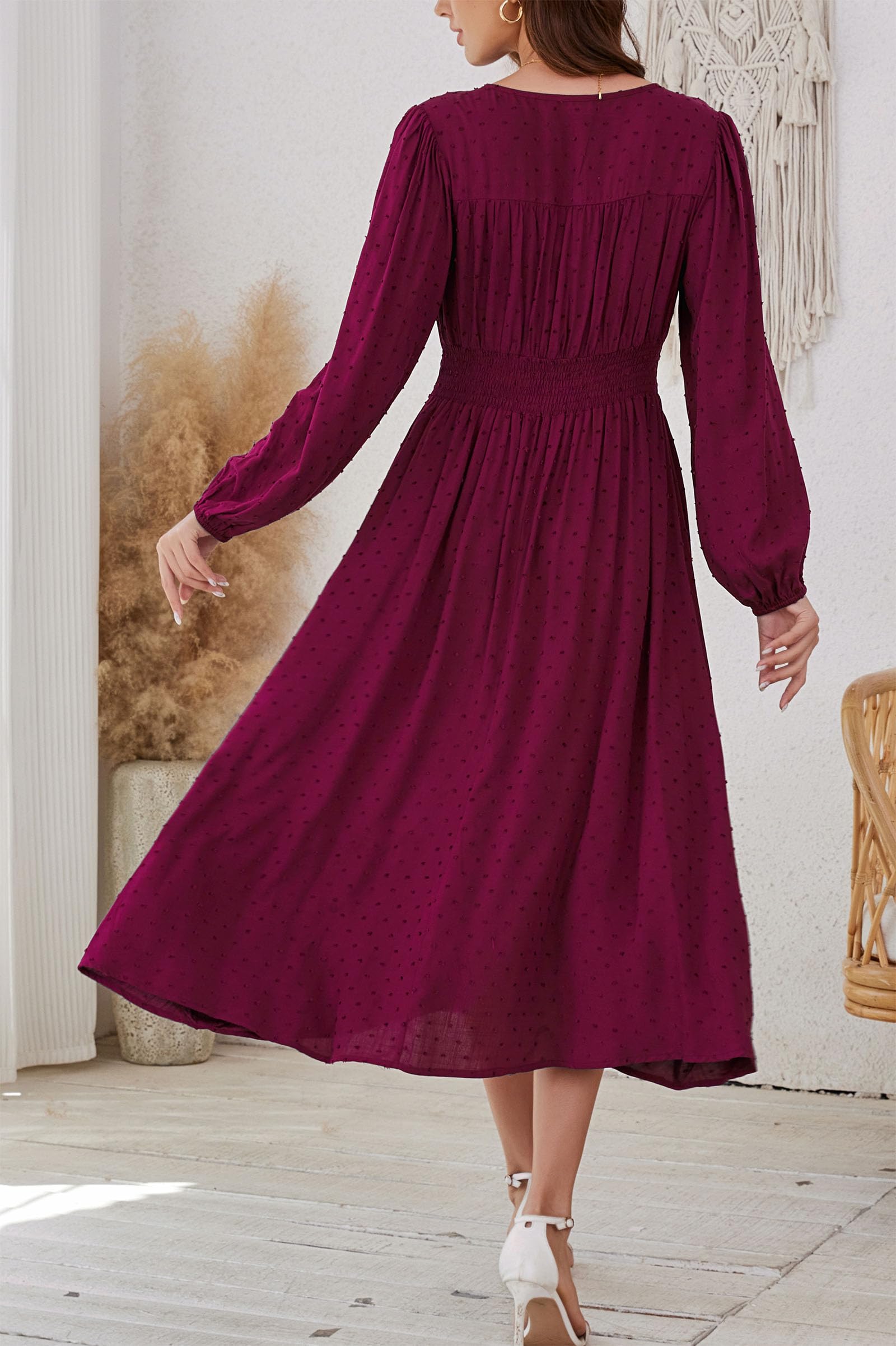 Kormei Women Casual Boho V Neck Long Sleeve Swiss Dot Smocked High Waist A Line Swing Fall Midi Long Dress