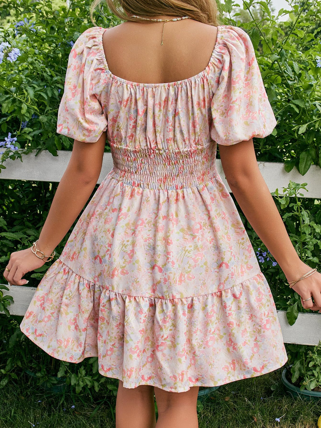 Floerns Women's Boho Square Neck Puff Short Sleeve Self Tie Front A Line Dress