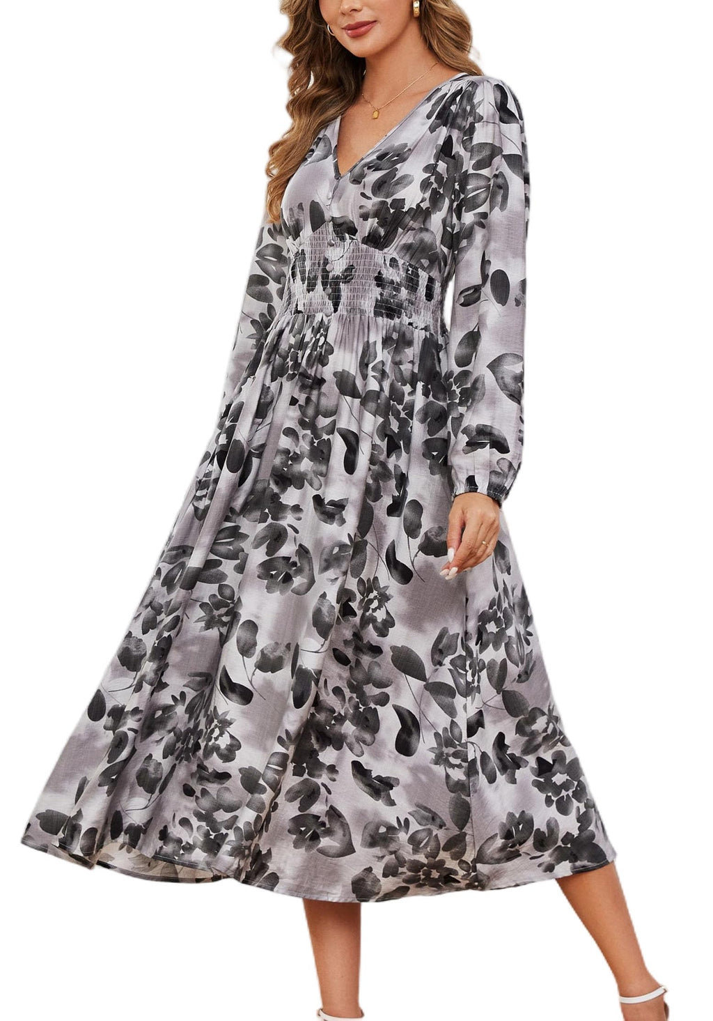 Kormei Women Casual Boho V Neck Long Sleeve Swiss Dot Smocked High Waist A Line Swing Fall Midi Long Dress