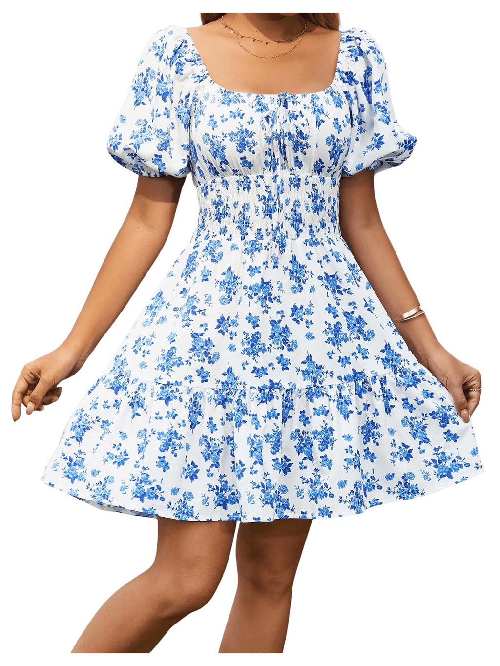 Floerns Women's Boho Square Neck Puff Short Sleeve Self Tie Front A Line Dress