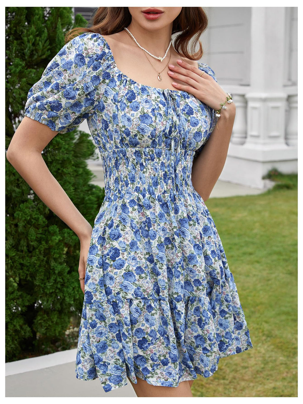 Floerns Women's Boho Square Neck Puff Short Sleeve Self Tie Front A Line Dress