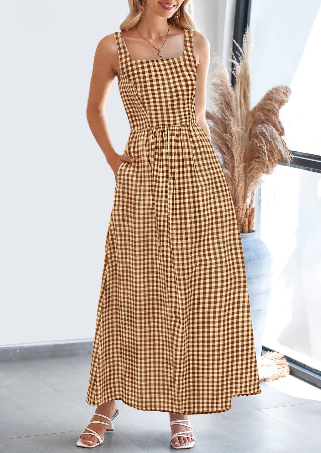 PRETTYGARDEN Women's 2026 Summer Spaghetti Strap Maxi Dresses Plaid Square Neck A Line Casual Beach Vacation Long Sundress