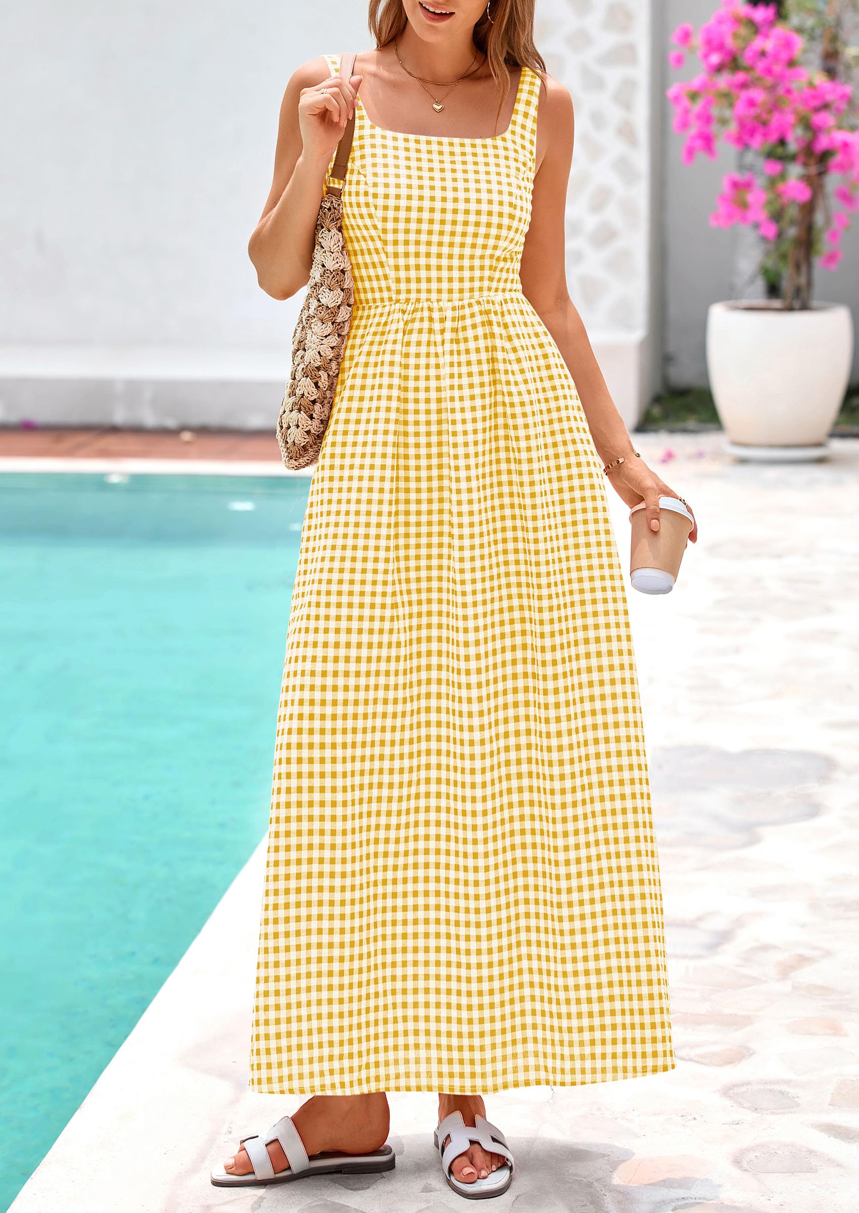 PRETTYGARDEN Women's 2026 Summer Spaghetti Strap Maxi Dresses Plaid Square Neck A Line Casual Beach Vacation Long Sundress