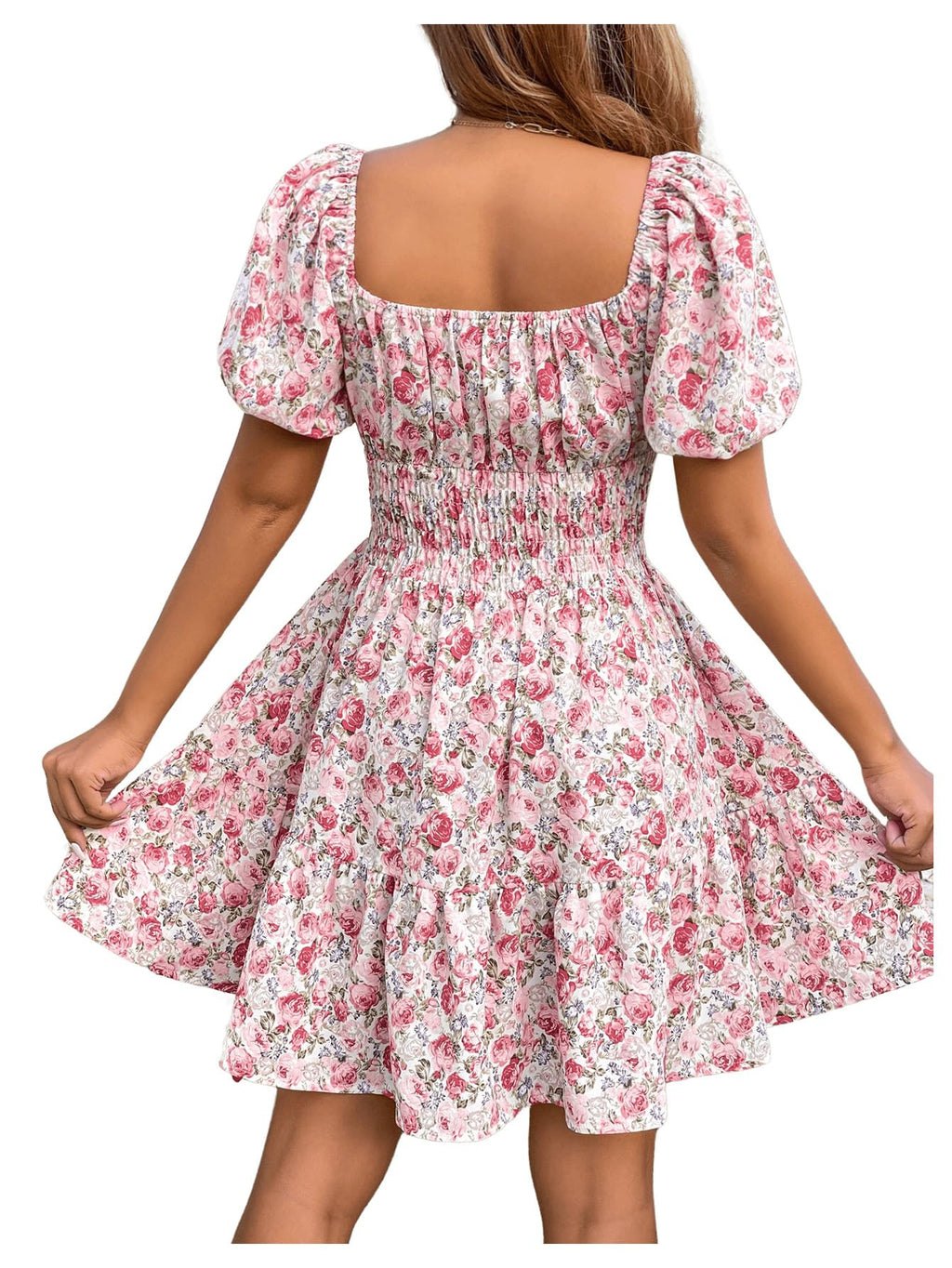 Floerns Women's Boho Square Neck Puff Short Sleeve Self Tie Front A Line Dress