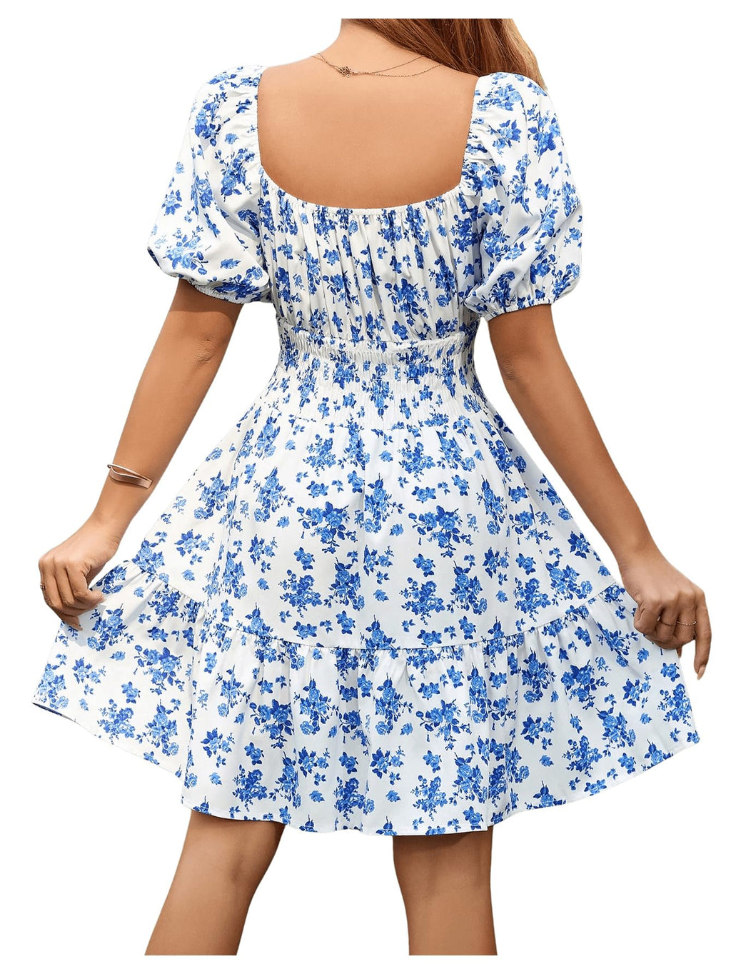 Floerns Women's Boho Square Neck Puff Short Sleeve Self Tie Front A Line Dress